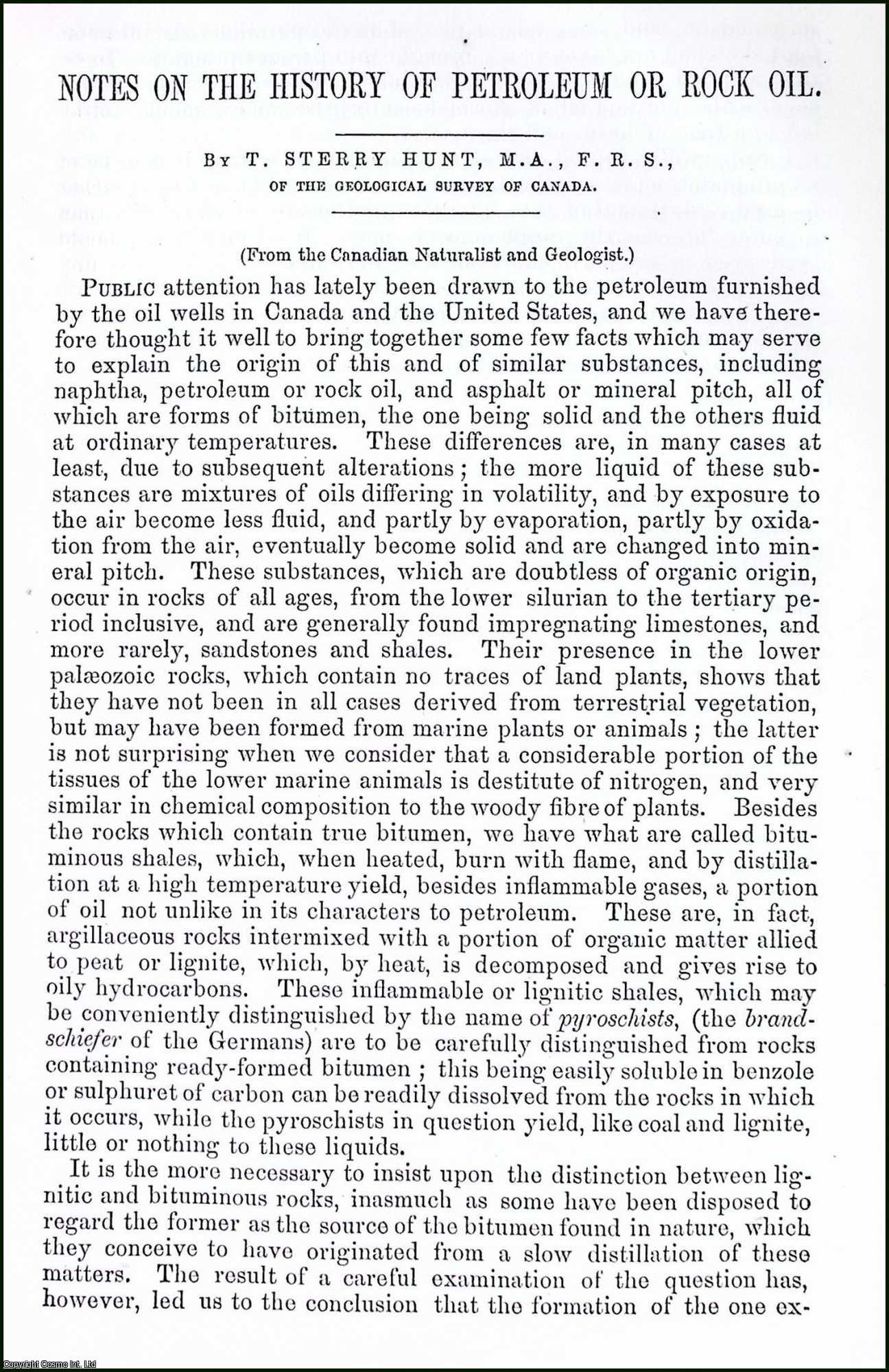 T. Sterry Hunt - Notes on The History of Petroleum or Rock Oil. An original article from the Report of the Smithsonian Institution, 1861.