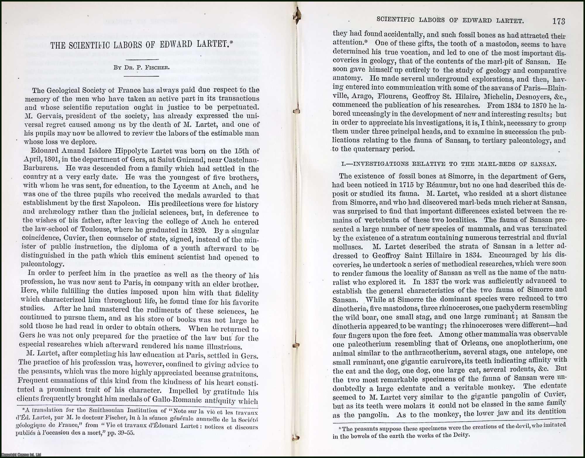 FISCHER, P. - The Scientific Labors of Edward Lartet. An original article from the Report of the Smithsonian Institution, 1872.