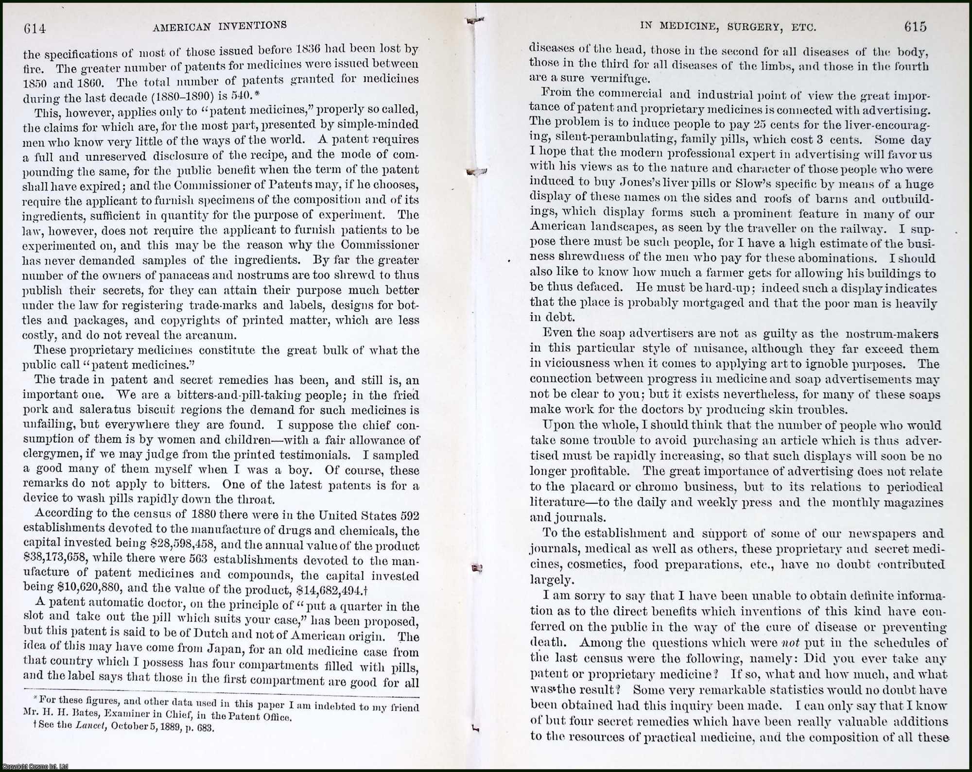 BILLINGS, JOHN S. - American Inventions and Discoveries in Medicine, Surgery, and Practical Sanitation. An original article from the Report of the Smithsonian Institution, 1892.