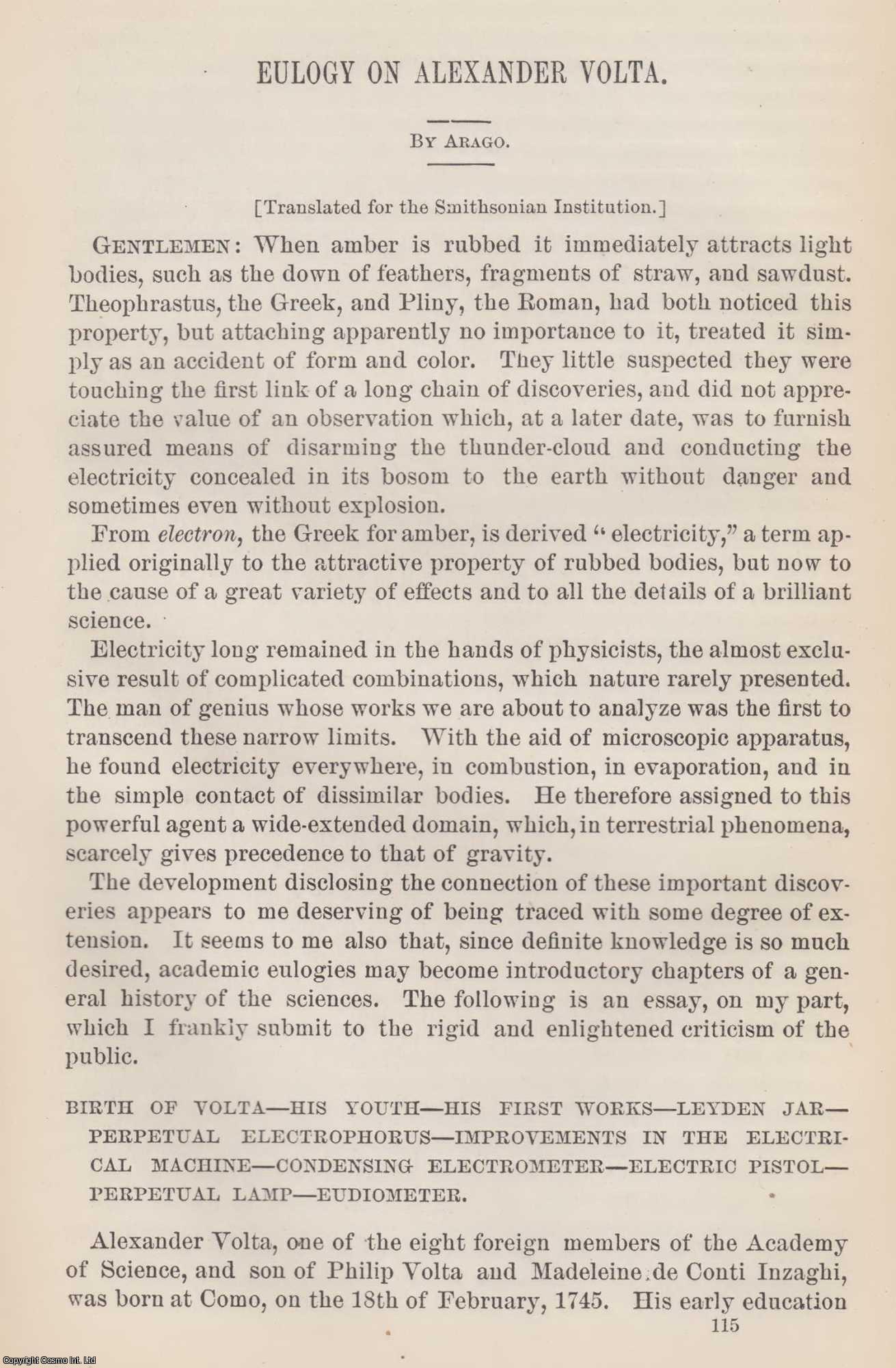 ARAGO, FRANCIS - Eulogy on Alexander Volta. An original article from the Report of the Smithsonian Institution, 1875.