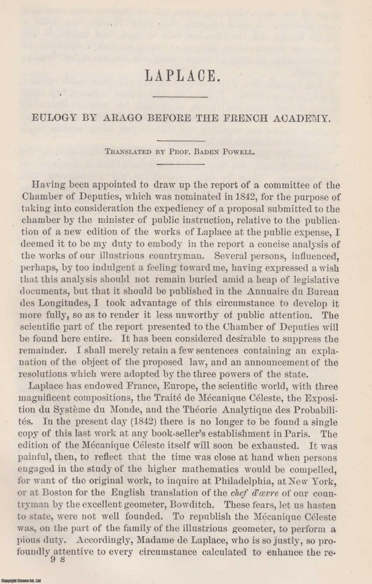 ARAGO, FRANCIS - Laplace. Eulogy by Arago before The French Academy. Translated by Prof. Baden Powell. An original article from the Report of the Smithsonian Institution, 1874.