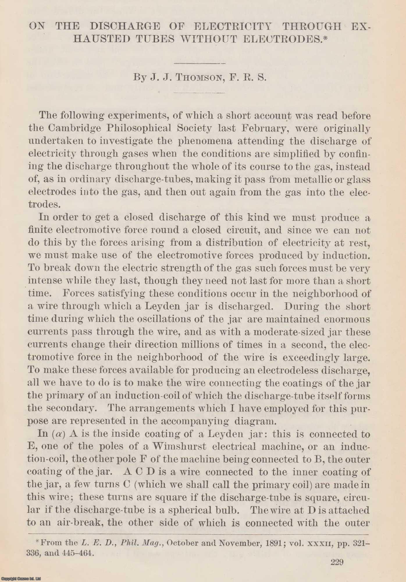 THOMSON, J. J. - Discharge of Electricity Through Exhausted Tubes without Electrodes. An original article from the Report of the Smithsonian Institution, 1892.