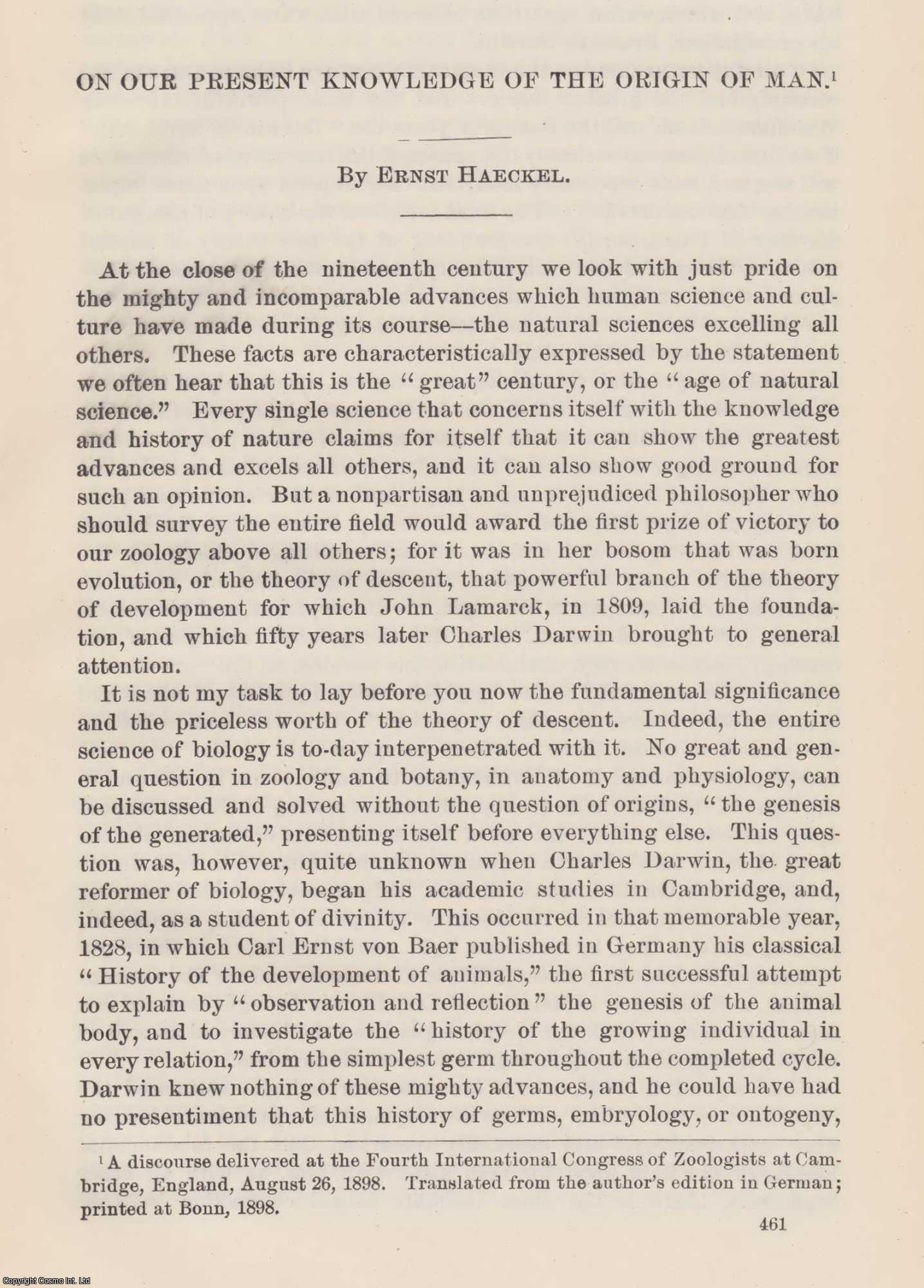 Ernst Haeckel - On Our Present Knowledge of the Origin of Man. An original article from the Report of the Smithsonian Institution, 1898.