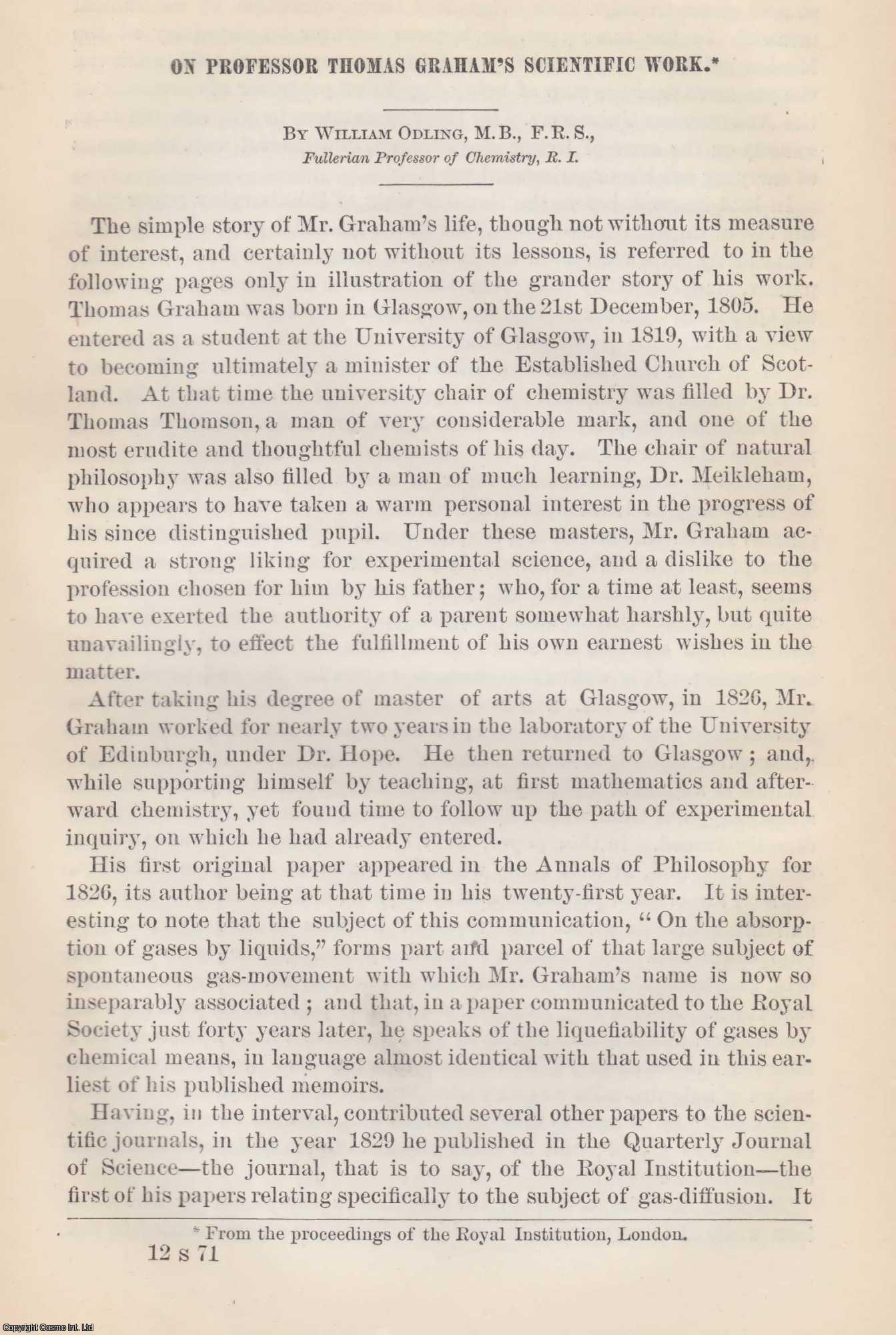 ODLING, WILLIAM - On Professor Thomas Graham's Scientific Work. An original article from the Report of the Smithsonian Institution, 1871.