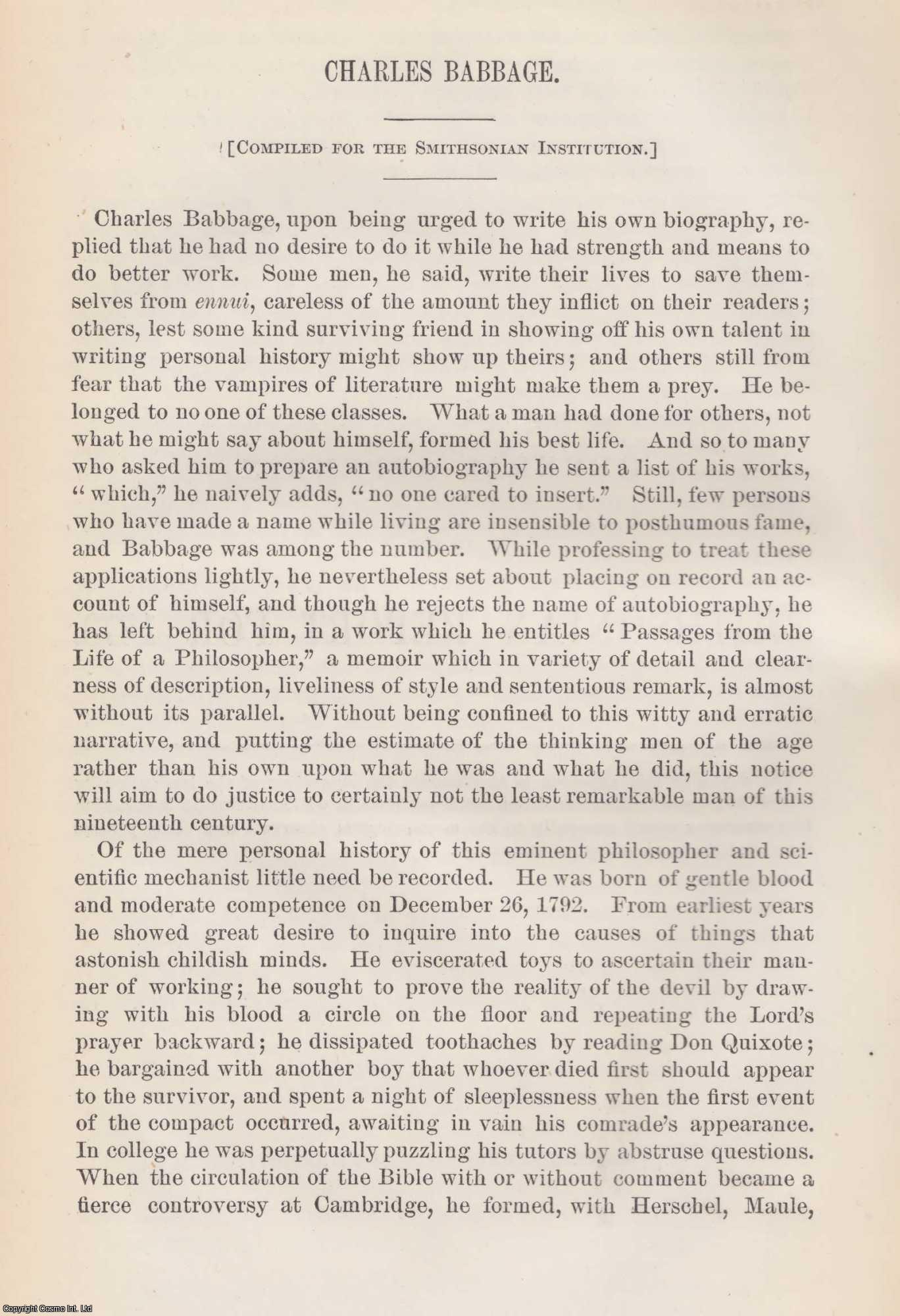 ---. - Charles Babbage. An original article from the Report of the Smithsonian Institution, 1873.