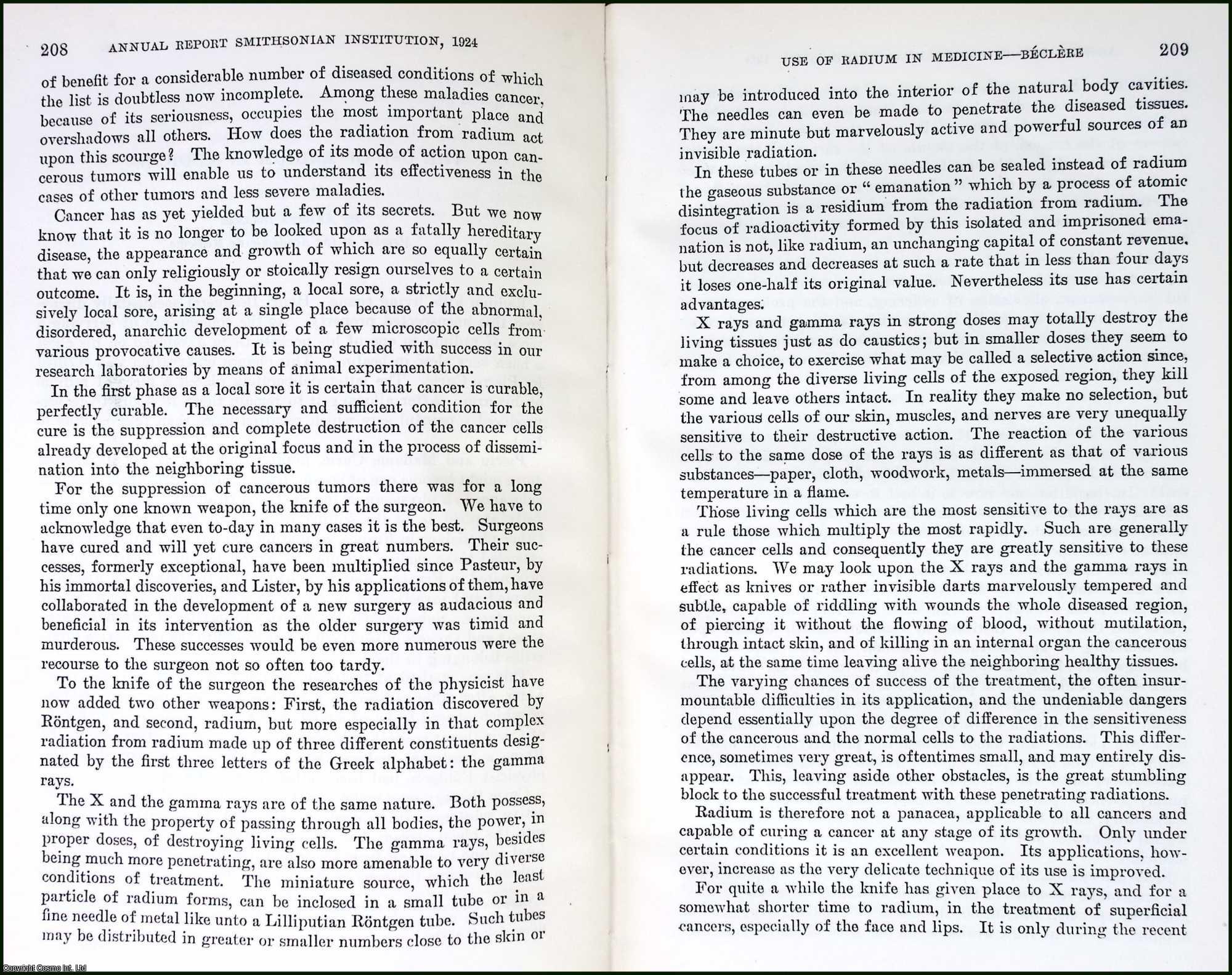 BECLERE, ANTOINE - Use of Radium in Medicine. An original article from the Report of the Smithsonian Institution, 1924.