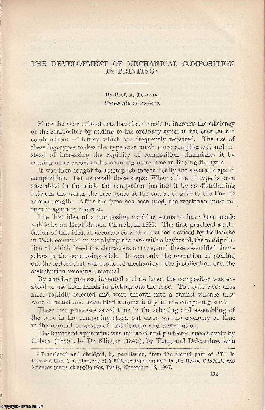 TURPAIN, A. - Development of Mechanical Composition in Printing. An original article from the Report of the Smithsonian Institution, 1907.