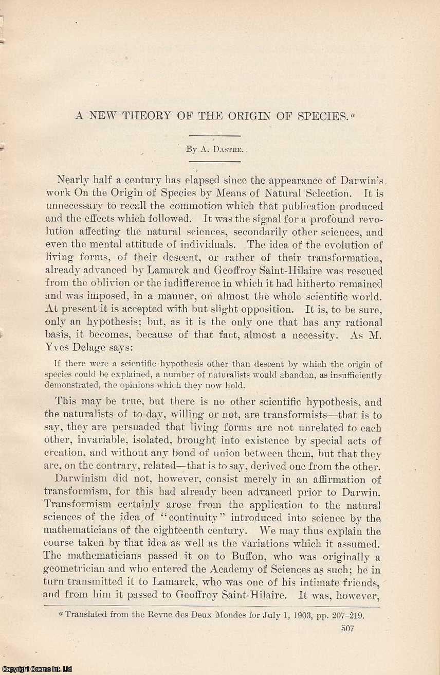 DASTRE, A. - New Theory of The Origin of Species. An original article from the Report of the Smithsonian Institution, 1903.