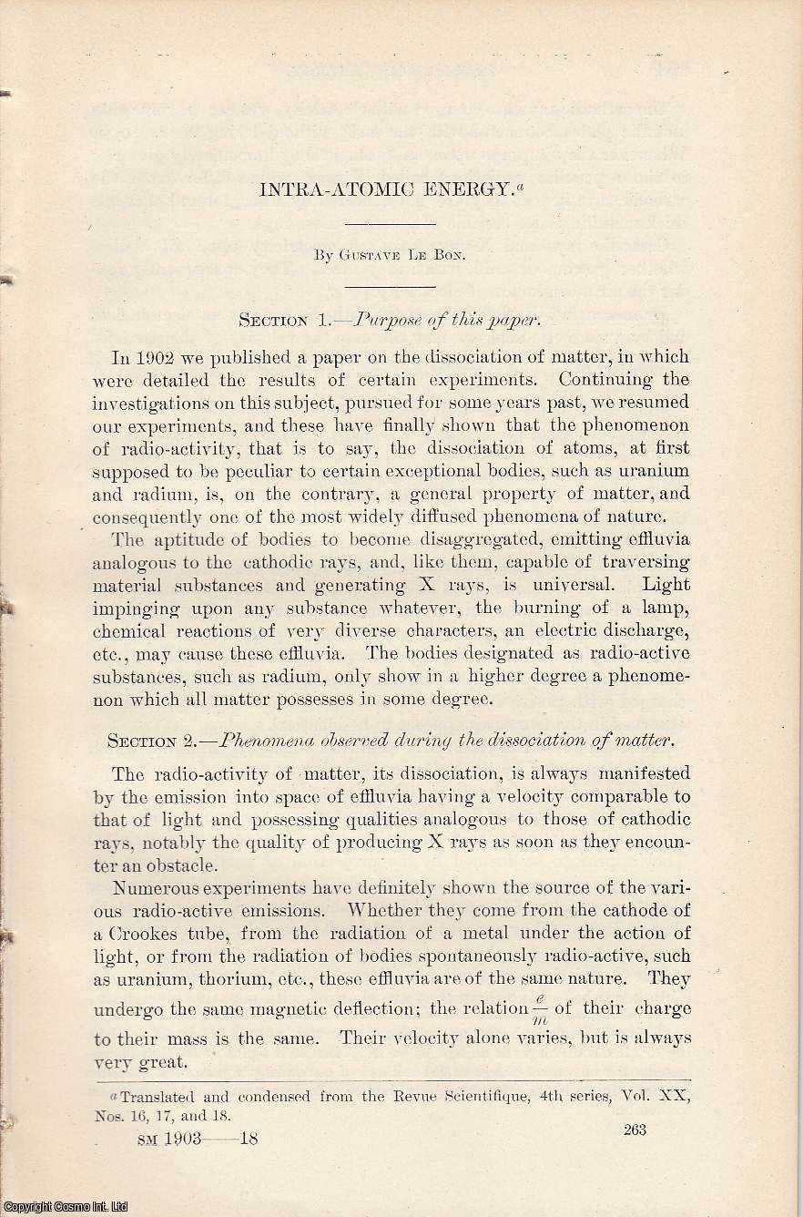 Gustave Le Bon - Intra-Atomic Energy. An original article from the Report of the Smithsonian Institution, 1903.