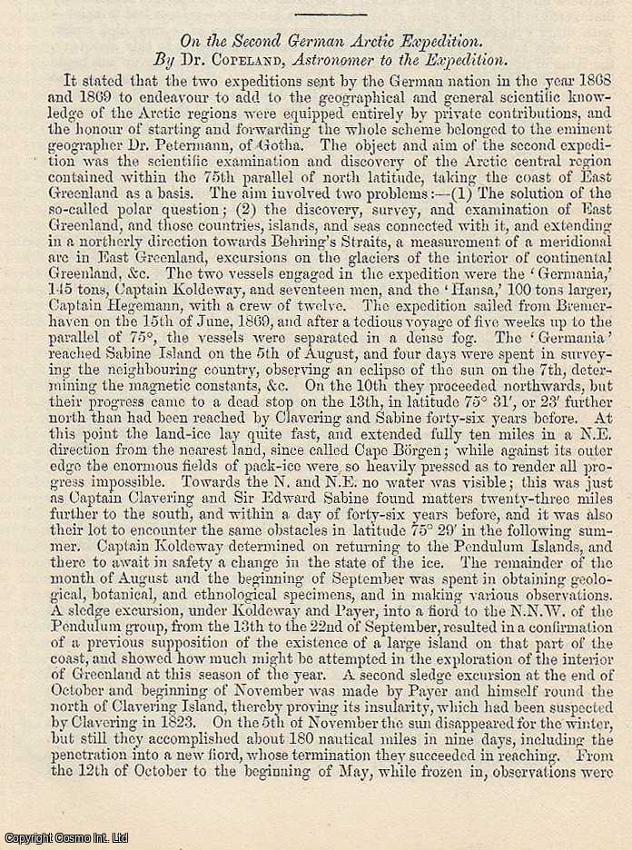 DR. COPELAND - On the Second German Arctic Expedition. A rare original article from the British Association for the Advancement of Science report, 1871.