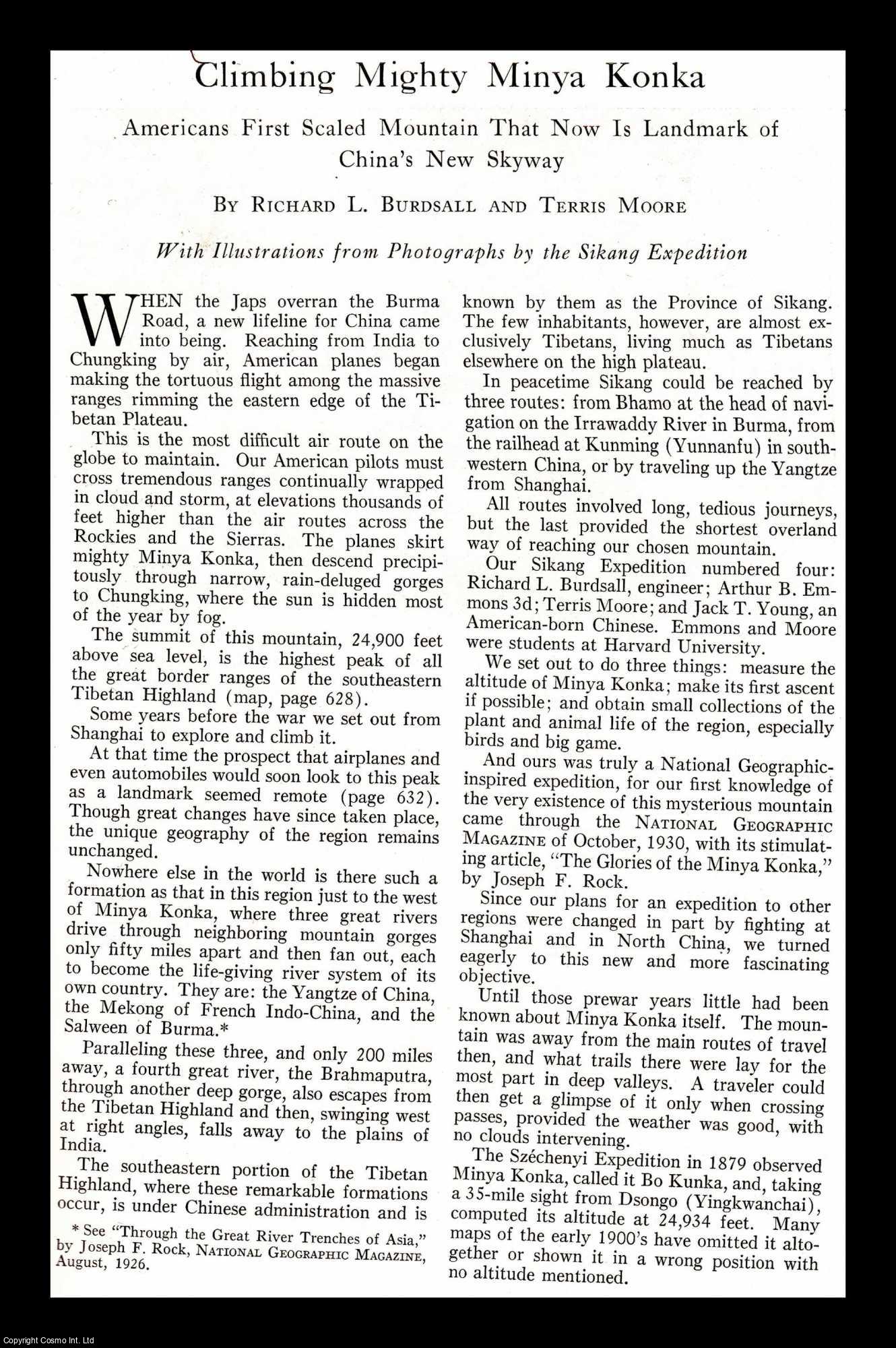 Richard L. Burdsall & Terris Moore - Climbing Mighty Minya Konka: Americans First Scaled Mountain That Now is Landmark of China's New Skyway. An original article from the National Geographic Magazine, 1943.