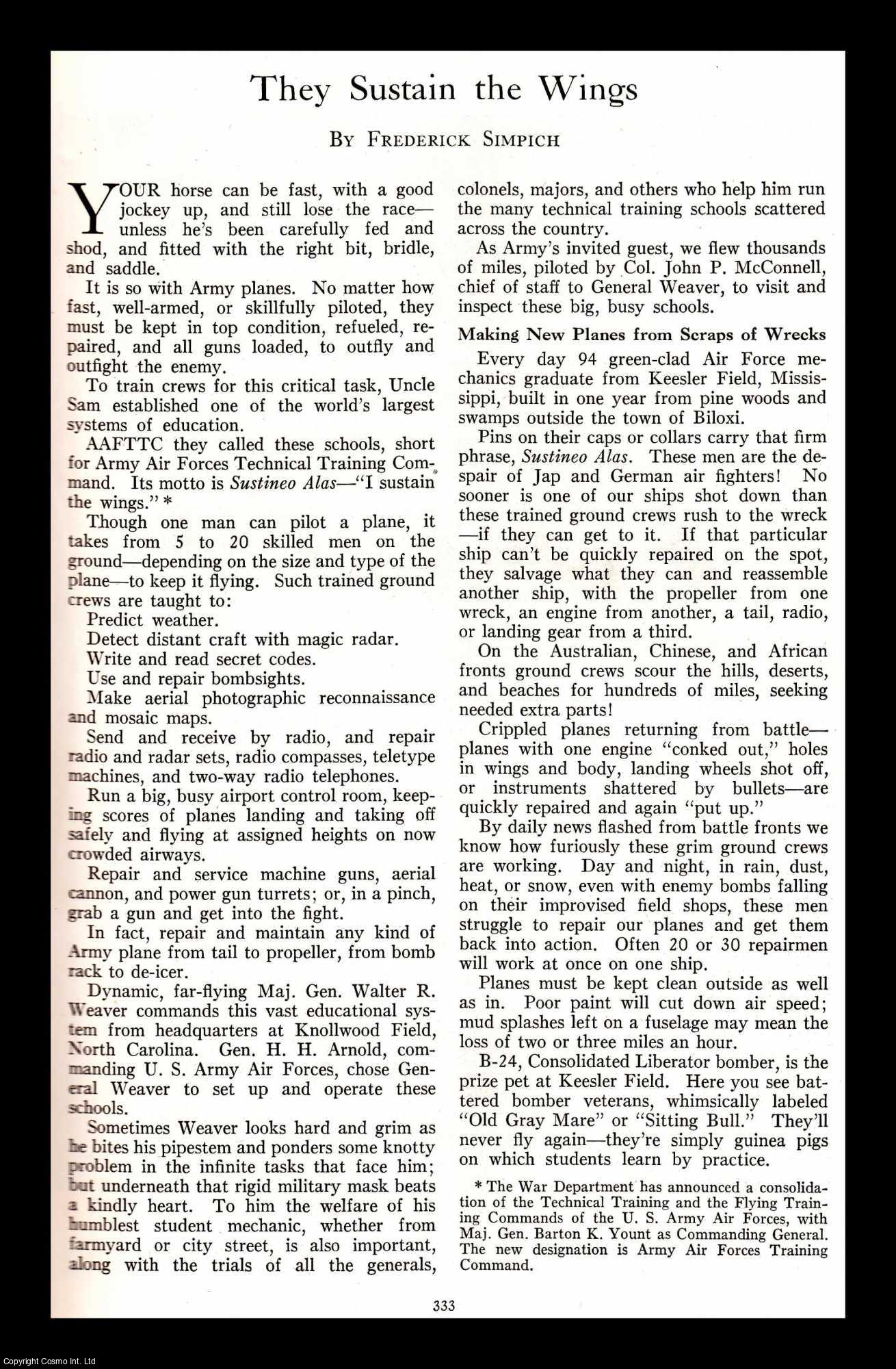 SIMPICH, FREDERICK - They Sustain The Wings. An original article from the National Geographic Magazine, 1943.