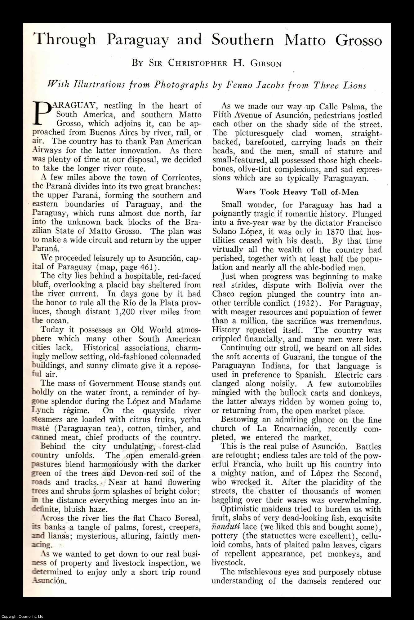 GIBSON, SIR CHRISTOPHER H. - Through Paraguay and Southern Matto Grosso. An original article from the National Geographic Magazine, 1943.