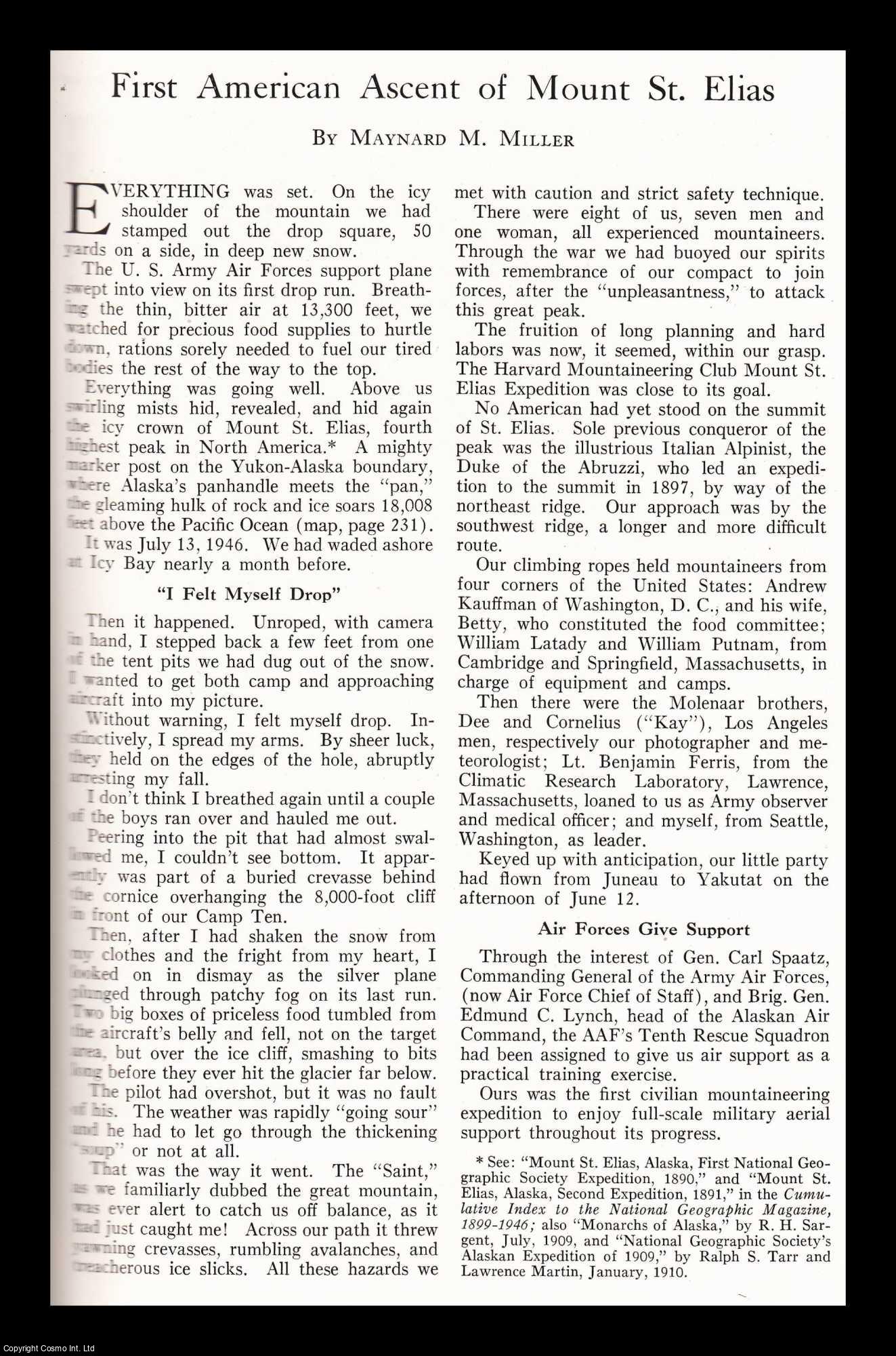 MILLER, MAYNARD M. - First American Ascent of Mount St. Elias. An original article from the National Geographic Magazine, 1948.
