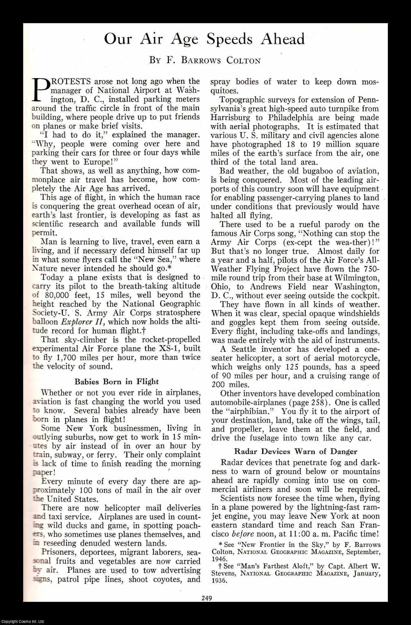 COLTON, F. BARROWS - Our Air Age Speeds Ahead. An original article from the National Geographic Magazine, 1948.