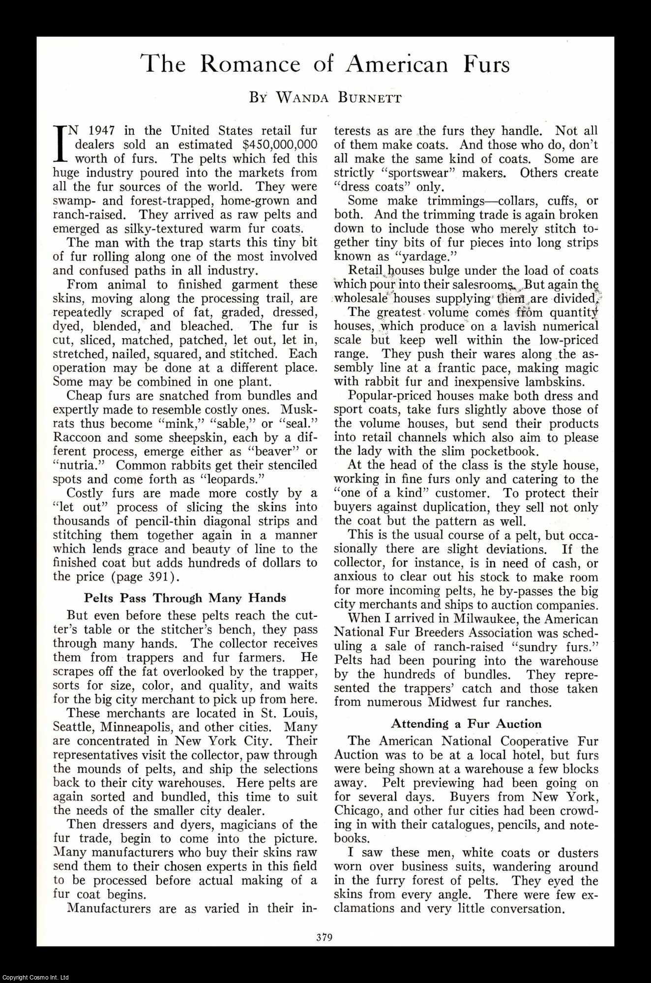 BURNETT, WANDA - The Romance of American Furs. An original article from the National Geographic Magazine, 1948.