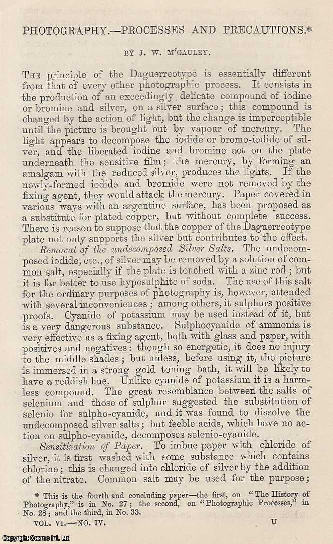 M'GAULEY, J.W. - Photography. - Processes and Precautions. An original article from the Intellectual Observer 1864.