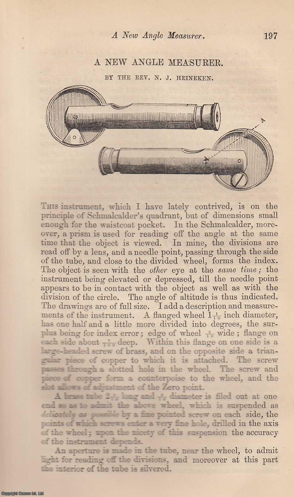 HEINEKEN, REV. N.J. - A New Angle Measurer. A rare original article from the Intellectual Observer, 1865.
