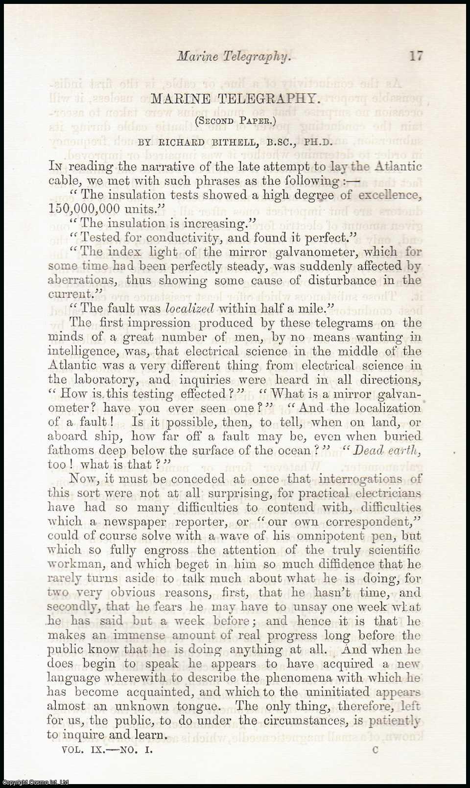 BITHELL, RICHARD - Marine Telegraphy. A rare original article from the Intellectual Observer, 1866.