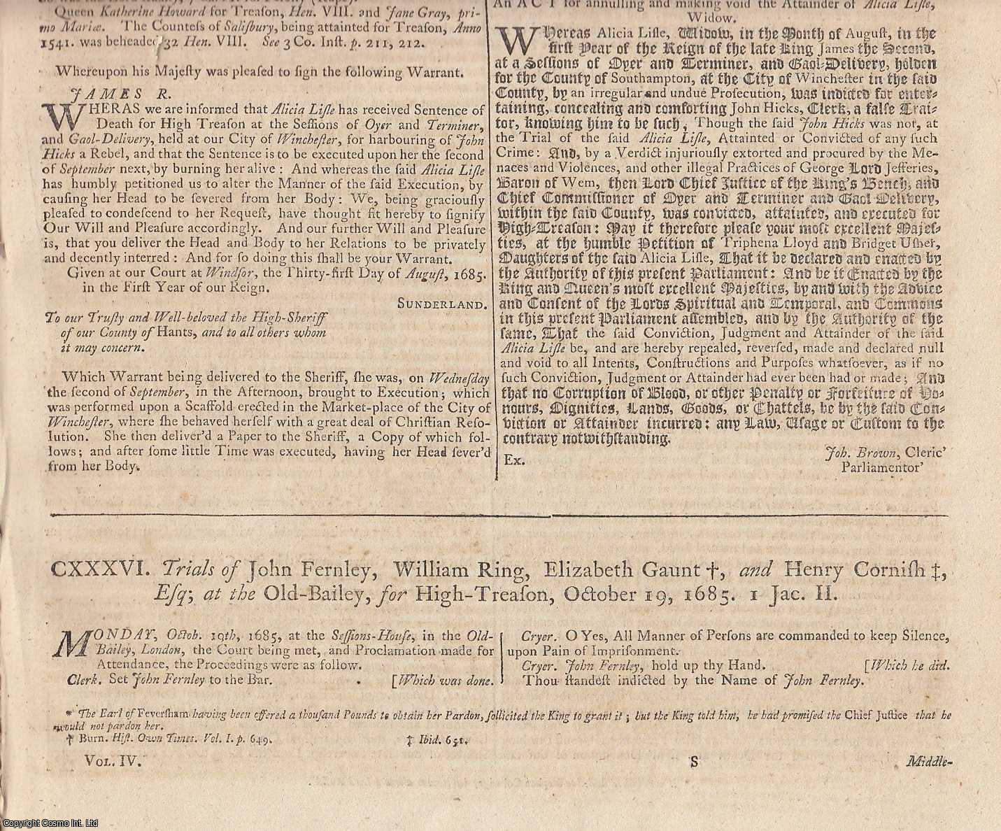 [Trial] - RYE HOUSE PLOT. The Trials of John Fernley, William Ring, Elizabeth Gaunt, and Henry Cornish Esq., at the Old Bailey, for High Treason, October 19, 1685 ALONG WITH The Trial of Charles Bateman, Surgeon, at the Old Bailey, for High Treason, December 9 1685. An original article from the Collected State Trials.