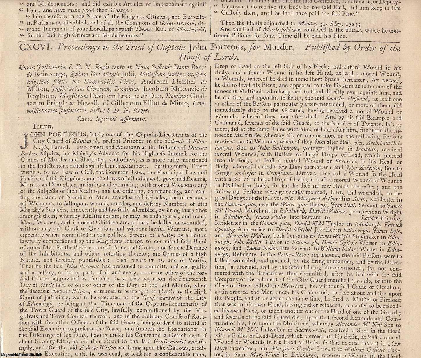 [TRIAL]. - PORTEOUS RIOT.Proceedings in the Trial of Captain John Porteous, for Murder. Published by Order of the House of Commons. 1725. An original article from the Collected State Trials::Large Folio, 1777.