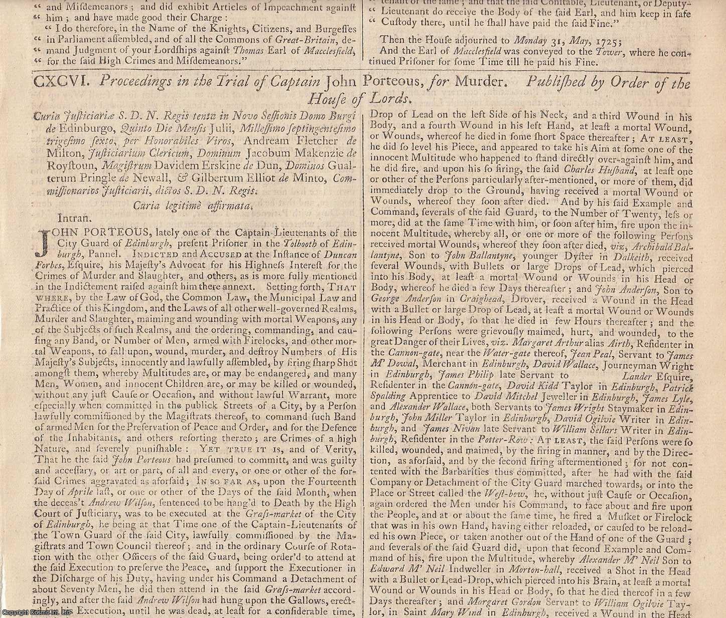 [Trial] - PORTEOUS RIOT. Proceedings in the Trial of Captain John Porteous, for Murder. Published by Order of the House of Commons. 1725. An original article from the Collected State Trials::Large Folio, 1777.