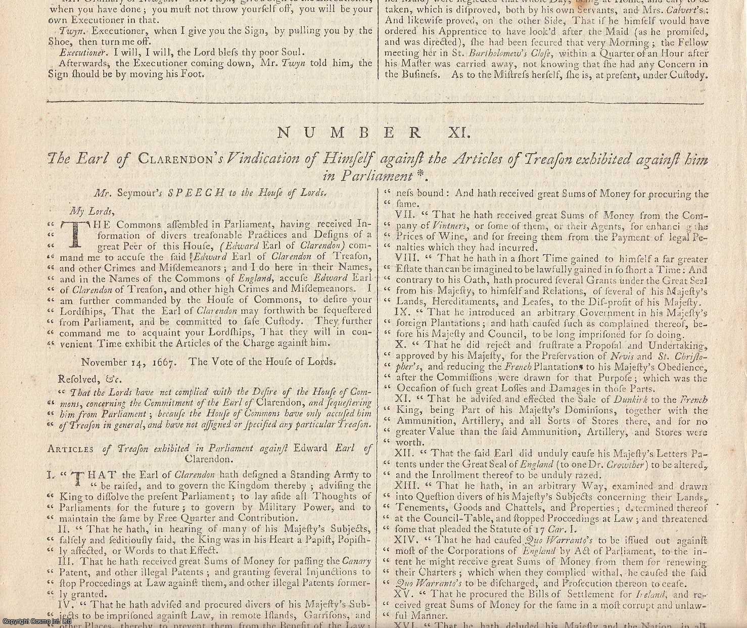 [Trial] - BANISHMENT OF CLARENDON. The Earl of Clarendon's Vindication of Himself against the Articles of Treason exhibited against him in Parliament. Montpelier, July 24, 1668. An original article from the Collected State Trials::Large Folio, 1778.