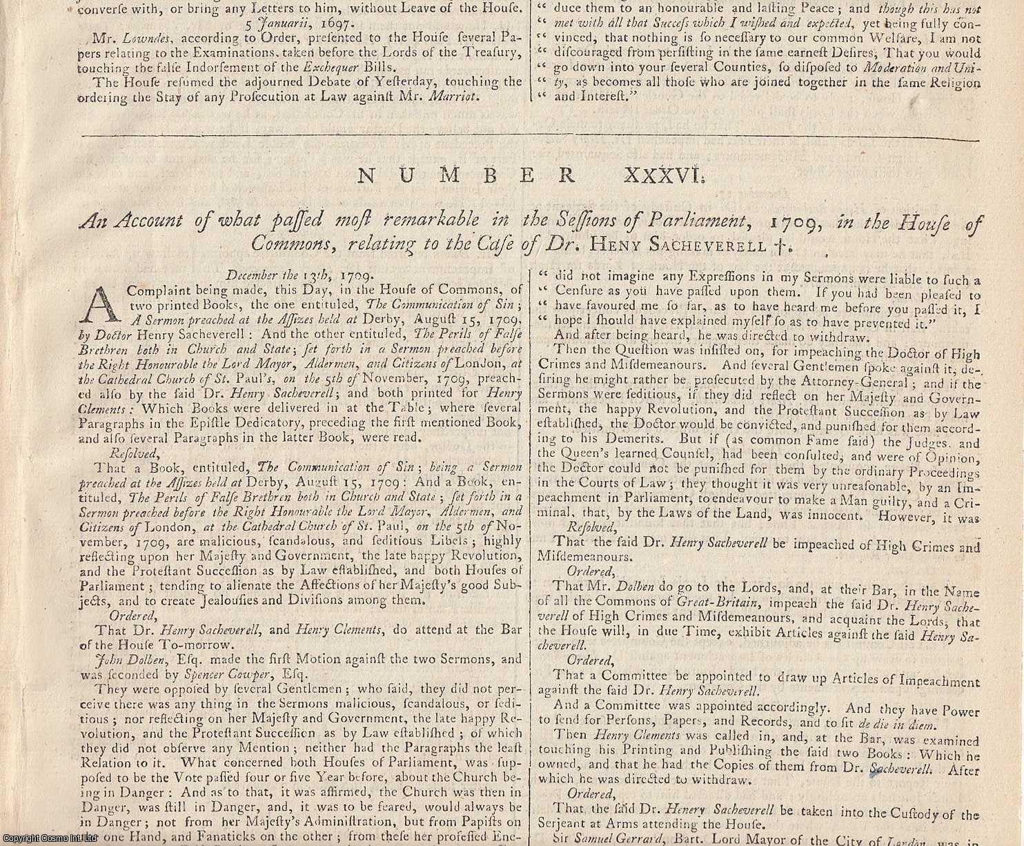 [Trial] - ATTACK ON DISSENTERS. An Account of what passed most remarkable in the Sessions of Parliament, 1709, in the House of Commons, relating to the Case of Dr. Henry Sacheverell. An original article from the Collected State Trials::Large Folio, 1778.