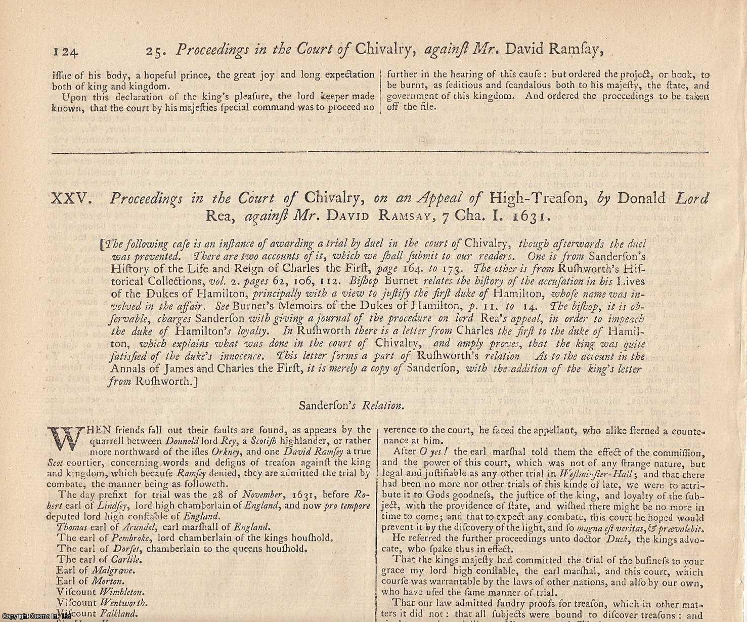 [TRIAL]. - DUELLING, 1615-1631. An entertaining pair of State Trials & Reports, featuring two Duelling Trials of 1615 and 1631 in the Star Chamber and the Court of Chivalry. An original article from the Collected State Trials::Large Folio, 1779.