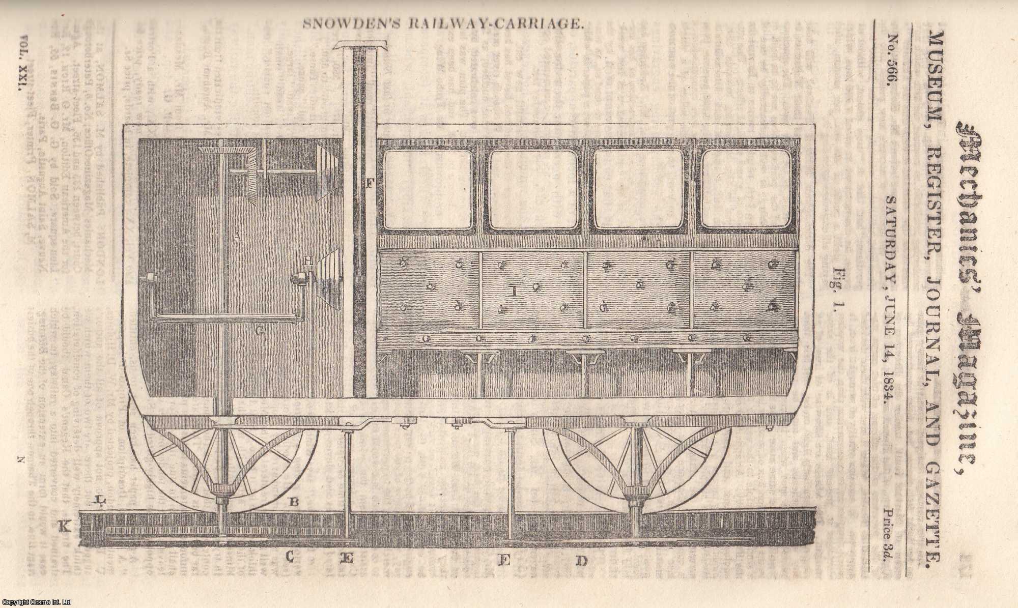 ---. - Snowden's Railway-Carriage; Introduction of Steam-Navigation; Mr. Nutt's Work on Bees Vindicated; Practice of Engraving and Multiplying Dies; The Magneto-Electric Ring, etc. Mechanics Magazine, Museum, Register, Journal and Gazette. Issue No. 566.