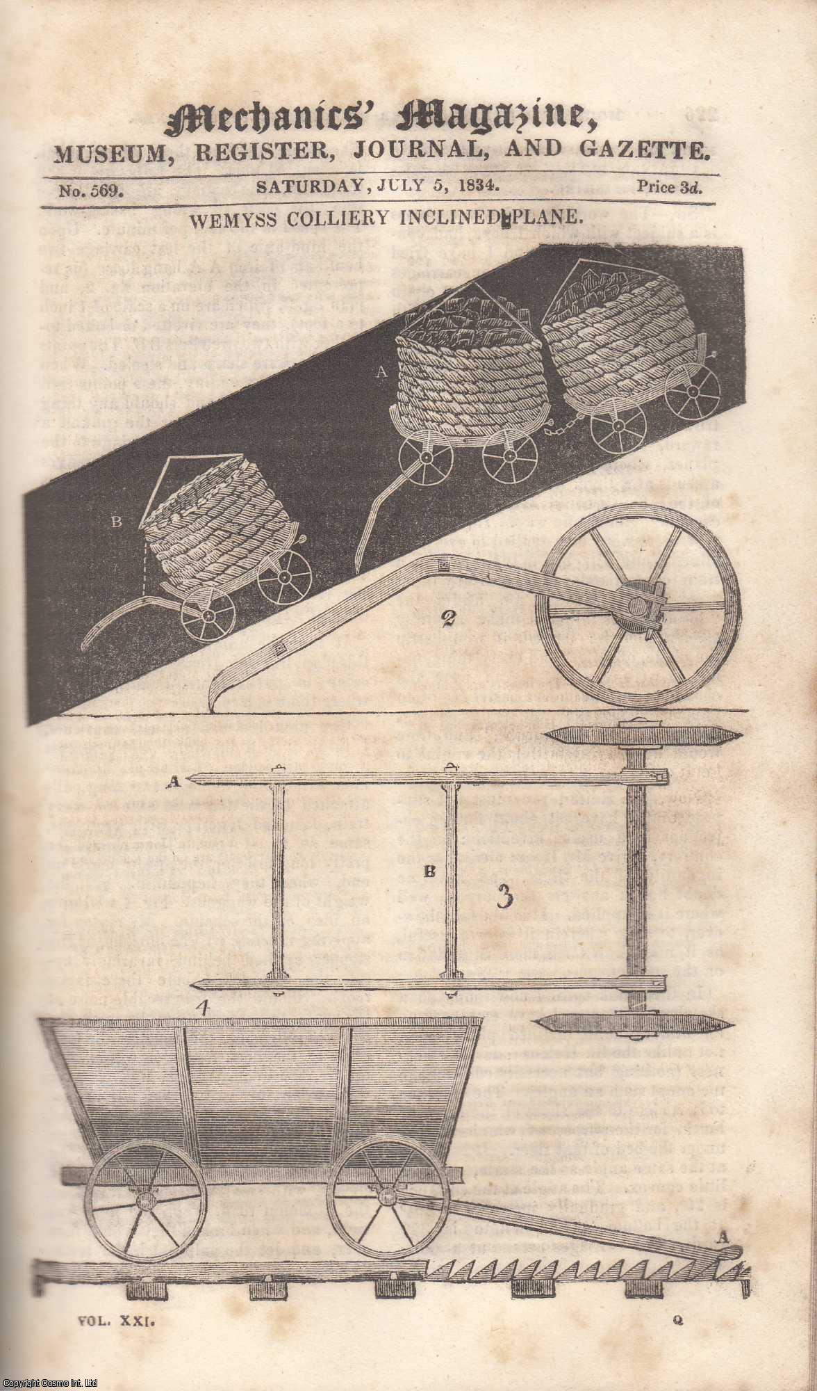 ---. - Wemyss Colliery Inclined Plane; Heaton's Improved Metallic Pistons; Mr. Rutter on The Phenomena of Flame; Refractive Powers of The Atmosphere; Morey's Vapour Lamp; Hydraulic Blow-Pipe; Certain Plans For Producing Perpetual Motion; Lardner's Arithmetic; Steering Steam-Vessels From The Bow, etc. Mechanics Magazine, Museum, Register, Journal and Gazette. Issue No. 569. A complete rare weekly issue of the Mechanics' Magazine, 1834.