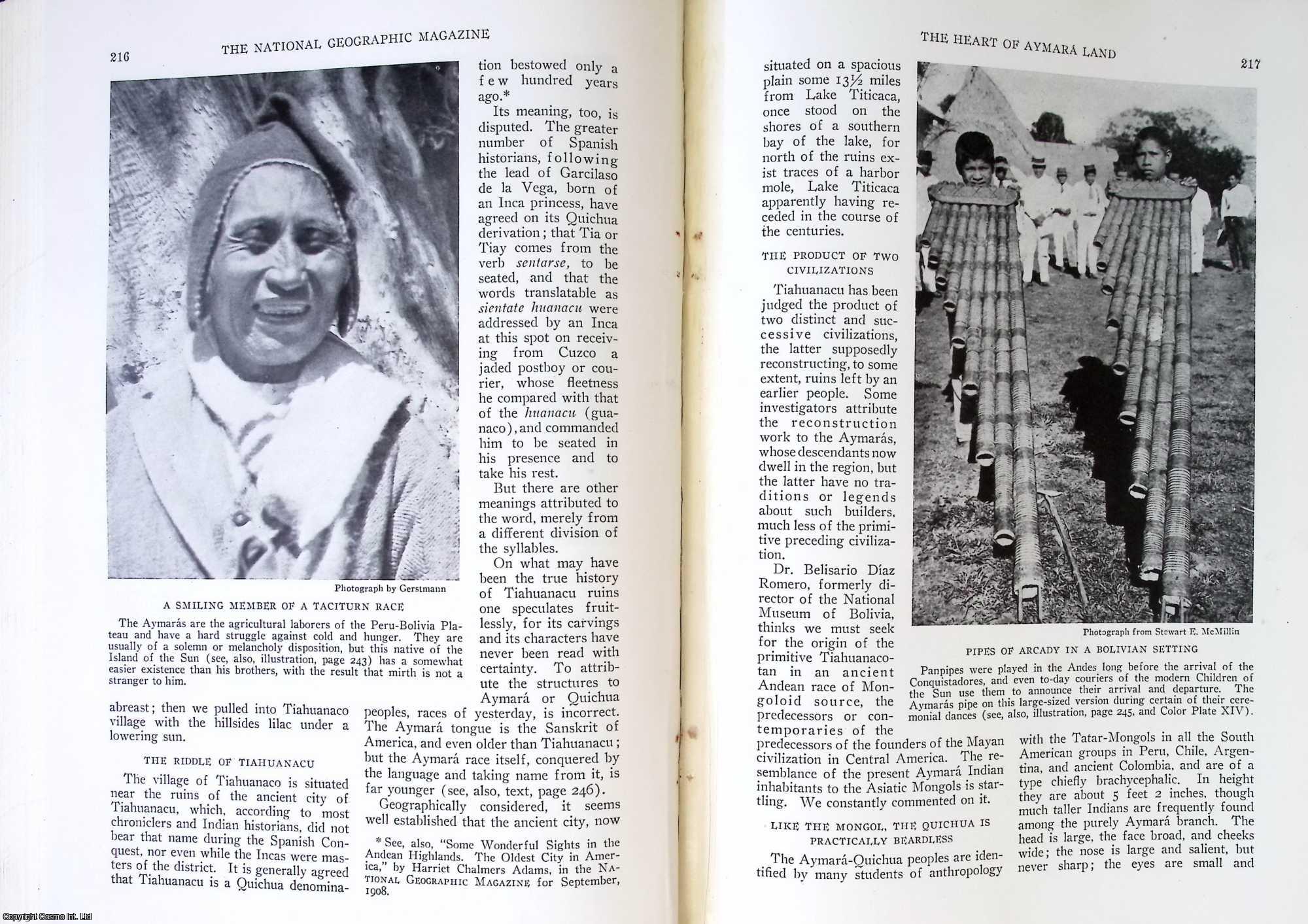 MCMILLIN, STEWART E. - The Heart of Aymara Land: A Visit to Tiahuanacu, Pehaps The Oldest City of The New World, Lost Beneath The Drifting Sand of Centuries in The Bolivian Highlands. An original article from the National Geographic Magazine, 1927.
