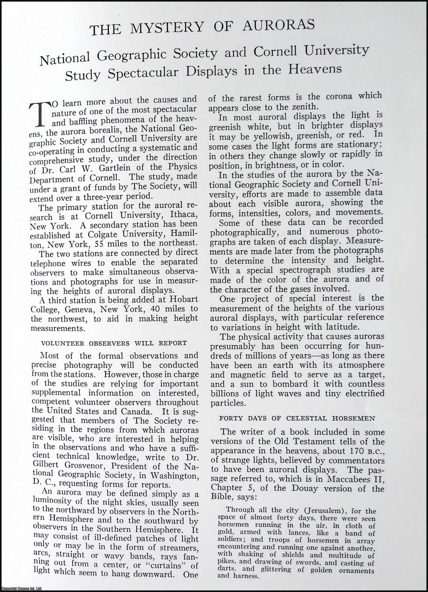 National Geographic - The Mystery of Auroras : National Geographic Society and Cornell University Study Spectacular Displays in the Heavens. An original article from the National Geographic Magazine, 1939.