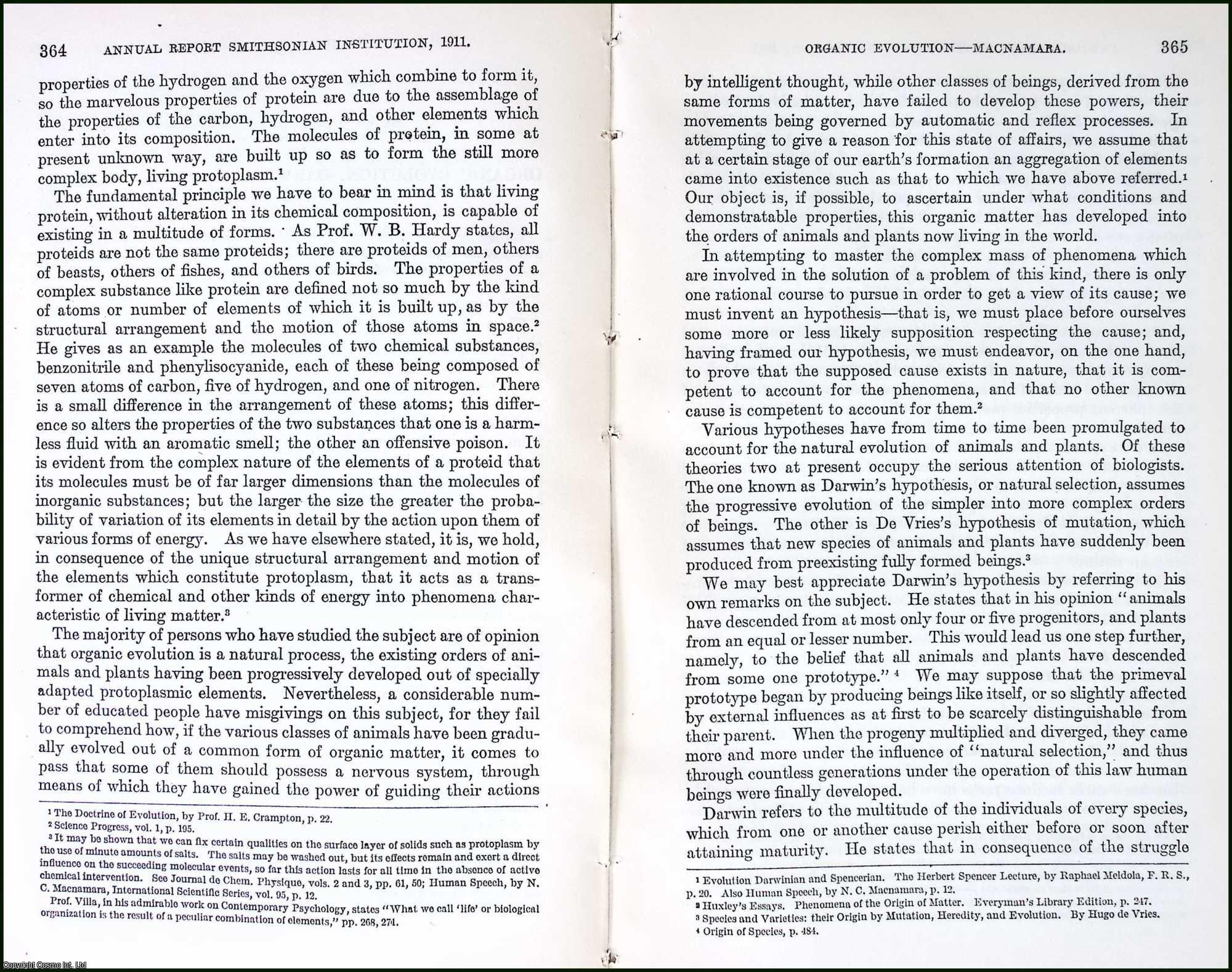 MACNAMARA, N.C. - Organic Evolution: Darwinian and De Vriesian. An original article from the Report of the Smithsonian Institution, 1911.