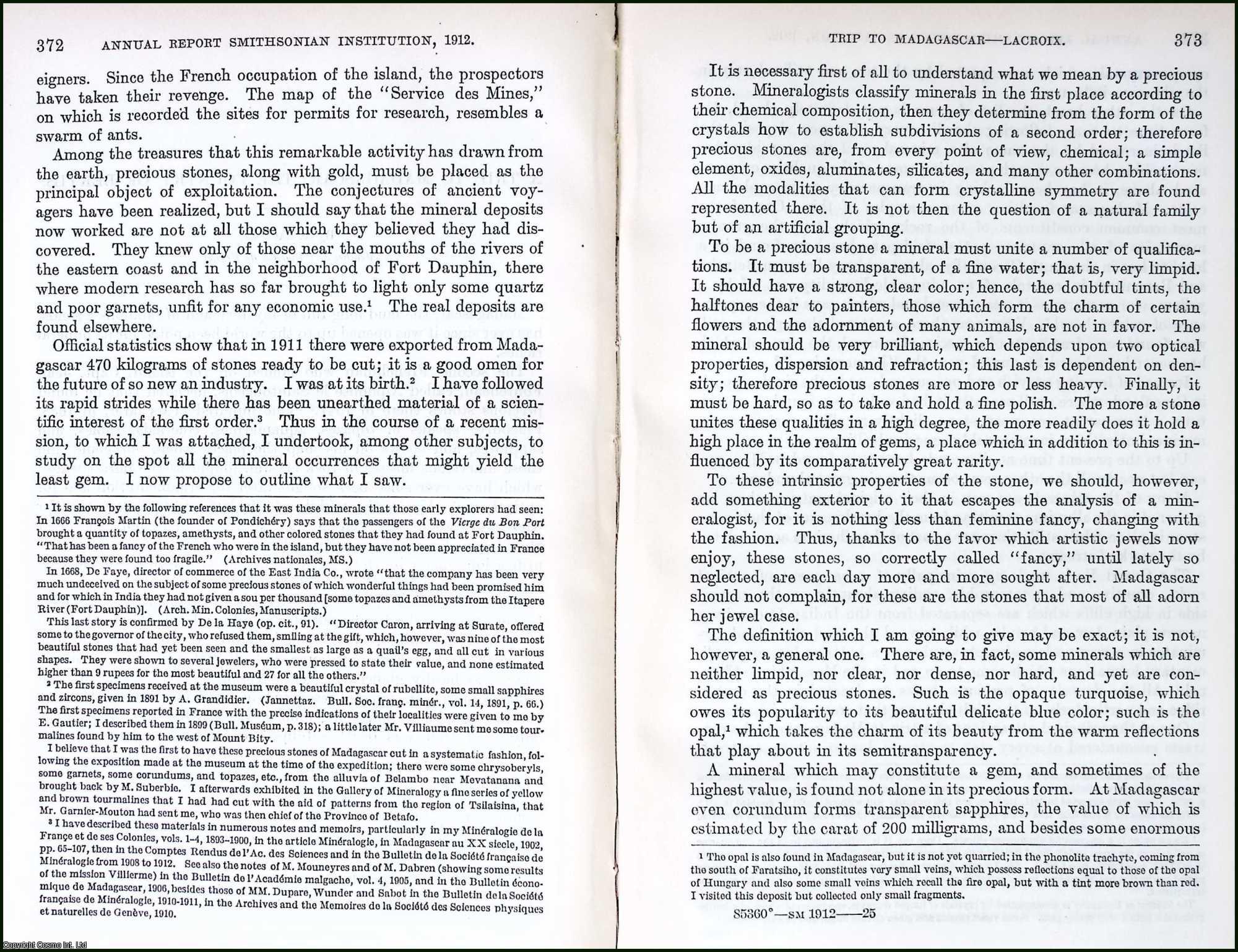 LACROIX, A. - A Trip to Madagascar, The Country of Beryls. An original article from the Report of the Smithsonian Institution, 1912.