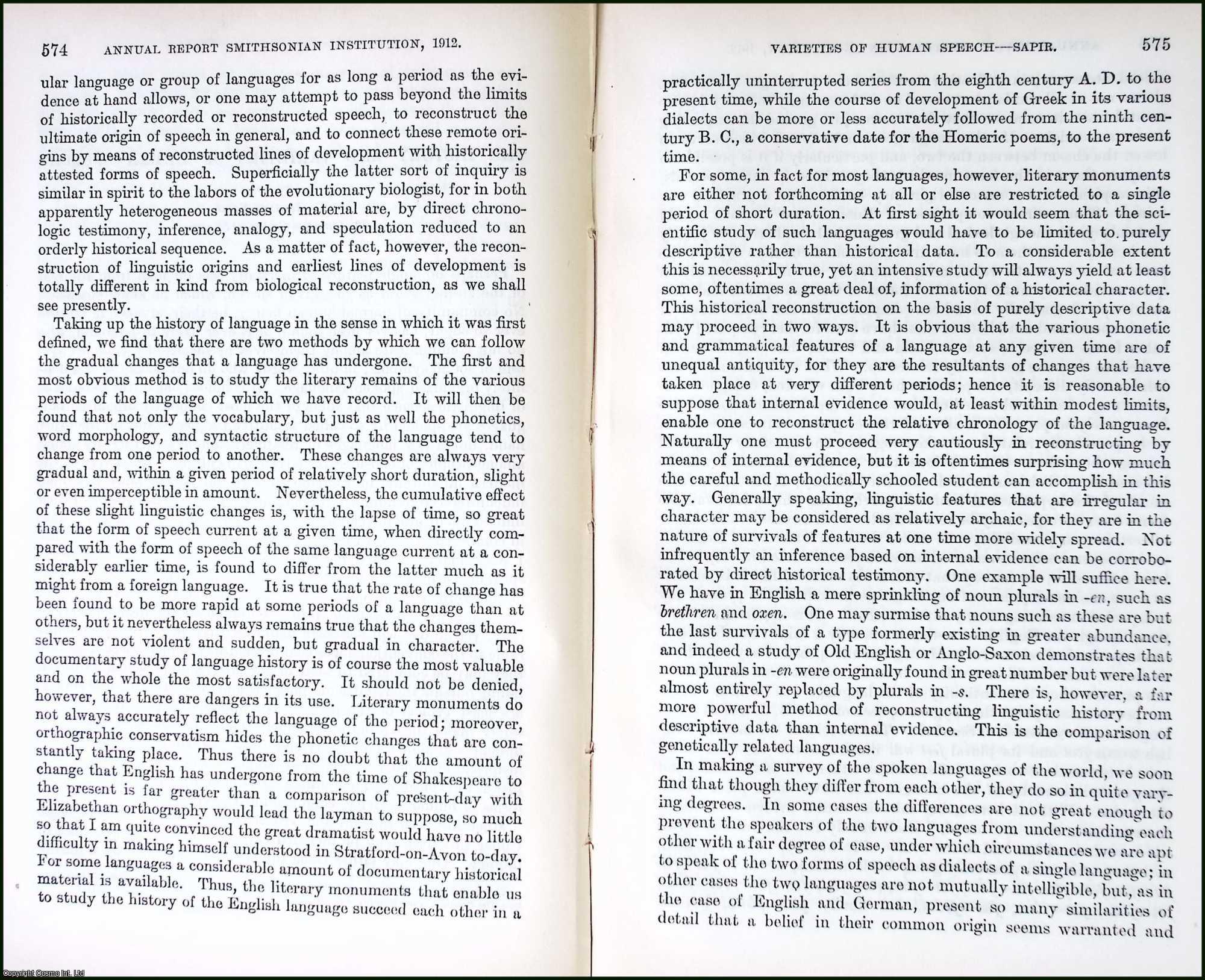 SAPIR, DR. EDWARD - The History and Varieties of Human Speech. An original article from the Report of the Smithsonian Institution, 1912.