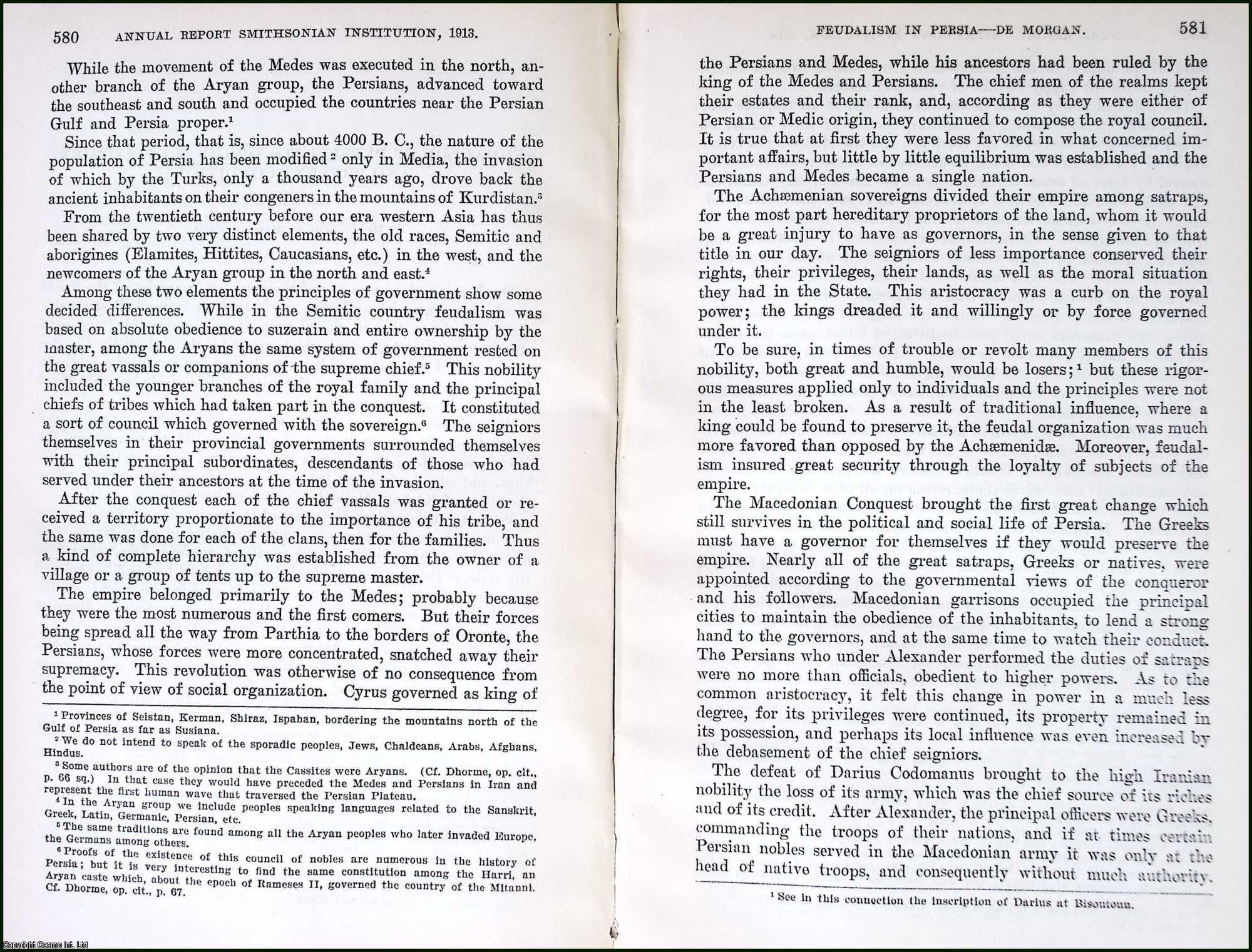 MORGAN, JACQUES DE - Feudalism in Persia: Its Origin, Development, and Present Condition. An original article from the Report of the Smithsonian Institution, 1913.