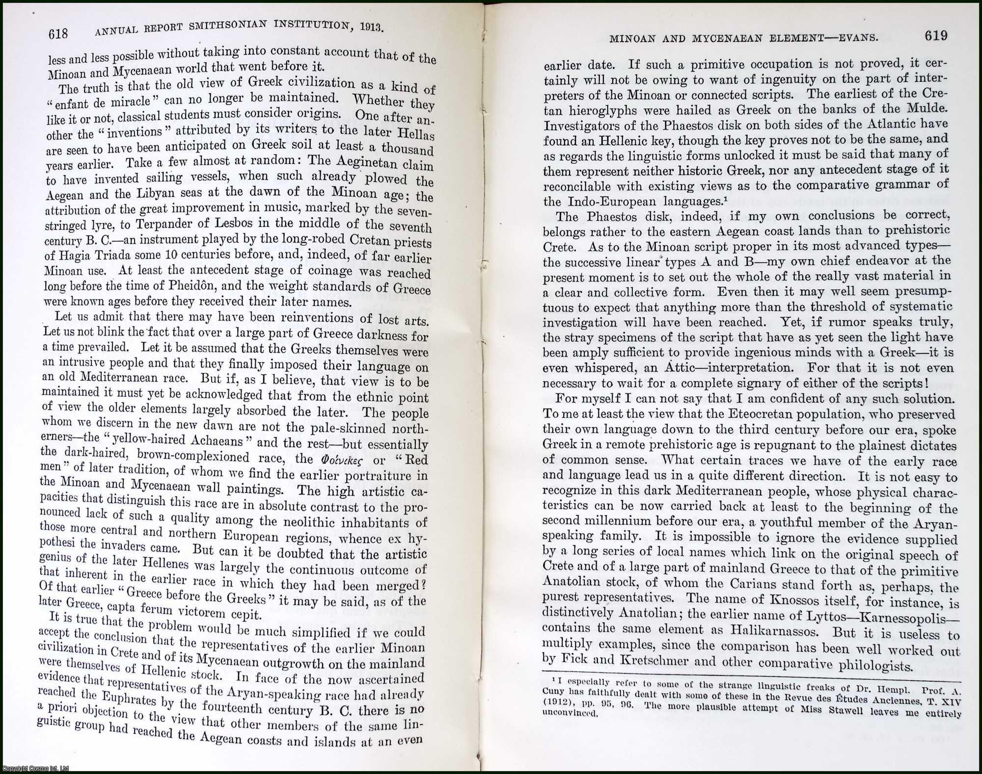 EVANS, ARTHUR J. - The Minoan and Mycenaean Element in Hellenic Life. An original article from the Report of the Smithsonian Institution, 1913.