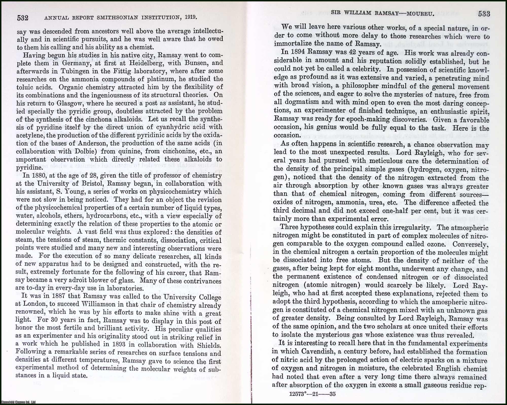 CH. Moureu - A Great Chemist: Sir William Ramsay. An original article from the Report of the Smithsonian Institution, 1919.