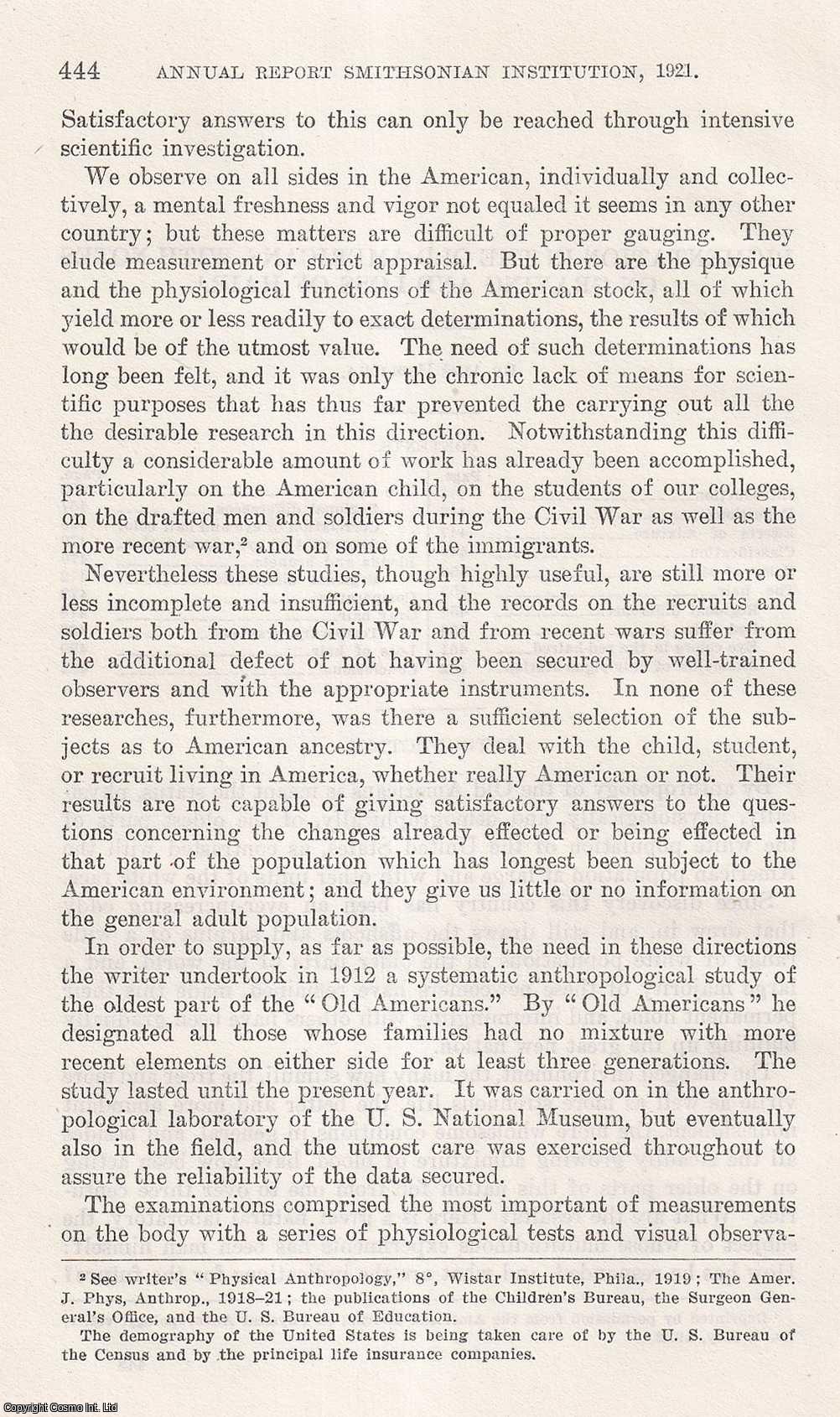 HRDLICKA, ALES - Pigmentation in The Old Americans, with Notes on Graying and Loss of Hair. An original article from the Report of the Smithsonian Institution, 1921.