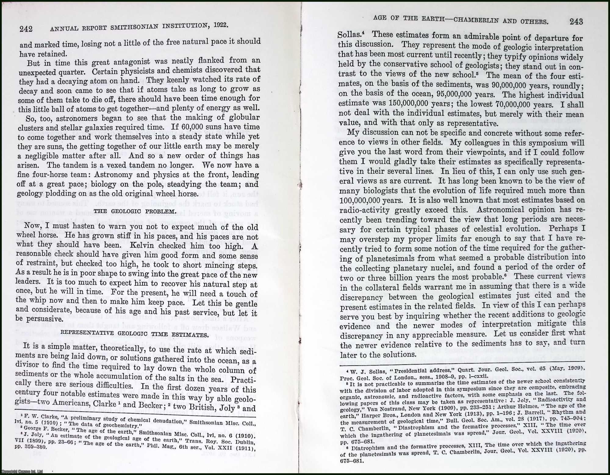 CHAMBERLIN & OTHERS, T.C. - The Age of The Earth. An original article from the Report of the Smithsonian Institution, 1922.