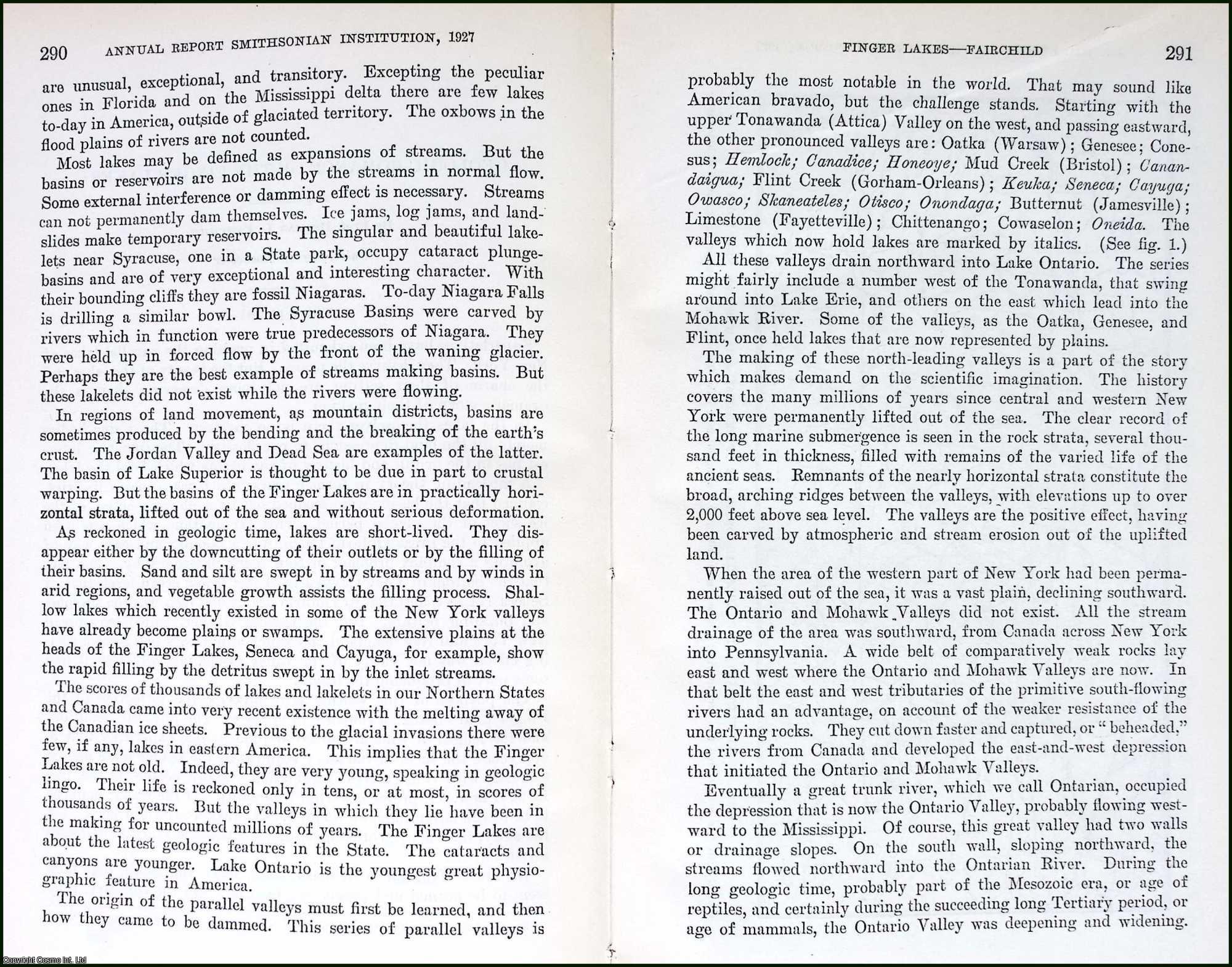 FAIRCHILD, PROF. HERMAN L. - Geologic Romance of The Finger Lakes. An original article from the Report of the Smithsonian Institution, 1927.