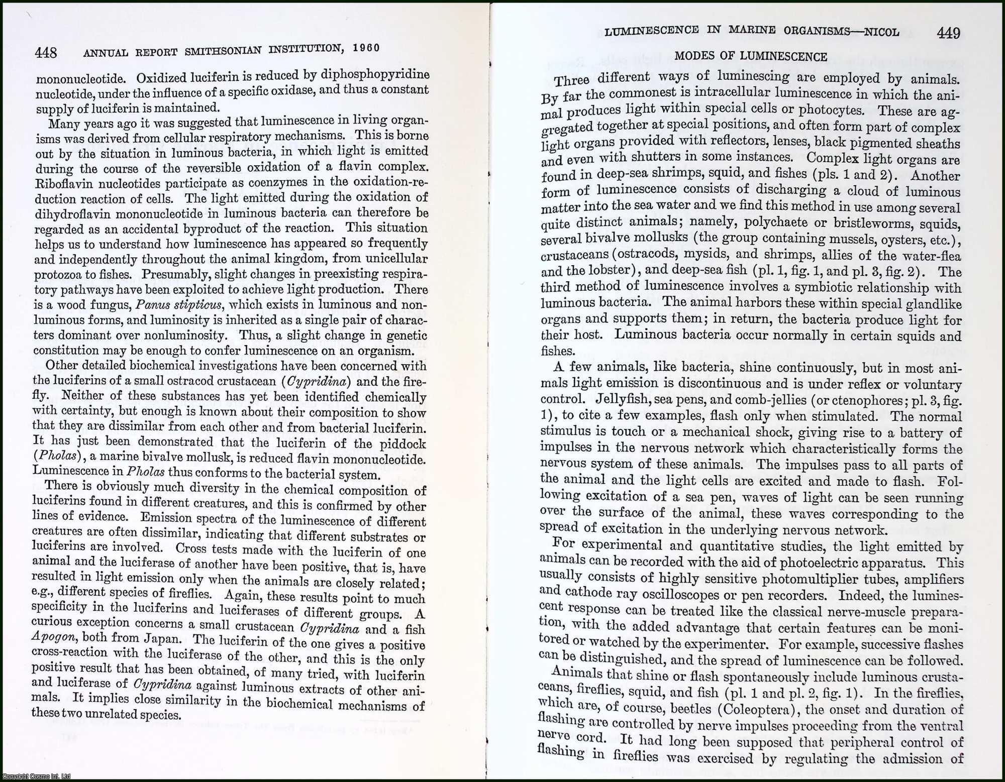 NICOL, J.A.C. - Luminescence in Marine Organisms. An original article from the Report of the Smithsonian Institution, 1960.