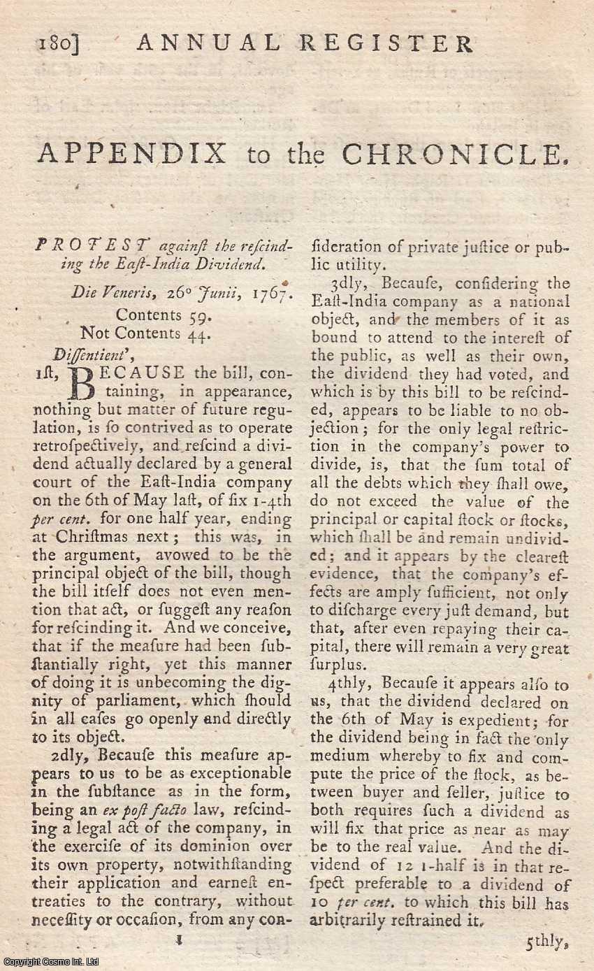 --- - Protest against the rescinding the East India Dividend. A rare original article from the Annual Register, 1767.