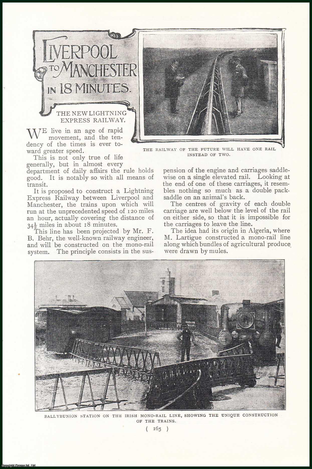 --- - Liverpool to Manchester in 18 Minutes. The New Lightning Express Railway. A rare original article from the Harmsworth London Magazine, 1901.