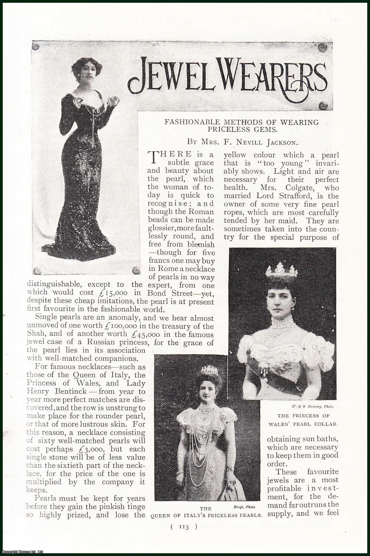 Mrs. F. Nevill Jackson - Jewel Wearers. Fashionable Methods of Wearing Priceless Gems : Duchess of Sutherland ; Countess Spencer ; Lady De Grey ; Miss Marie Studholme & Her Sister. An uncommon original article from the Harmsworth London Magazine, 1899.