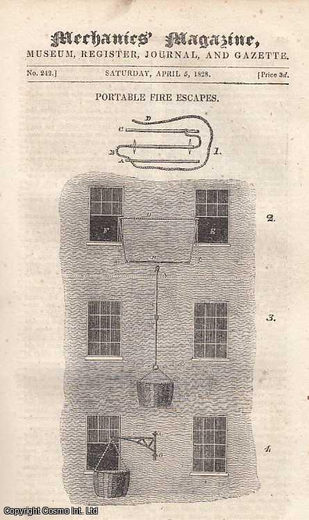 MECHANICS MAGAZINE - Portable Fire Escapes; Rain Gauge; Thames tunnel; Curious Property Of Prime Numbers; Marqueting; Mr. Woolgar's Self-Regulating Calendar; Mr. Lawrence's Calendar; Perpetual Motion- How To Produce It; The Fall Of The Brunswick Theatre, etc. Mechanics Magazine, Museum, Register, Journal and Gazette. Issue No. 242. A complete rare weekly issue of the Mechanics' Magazine, 1828.