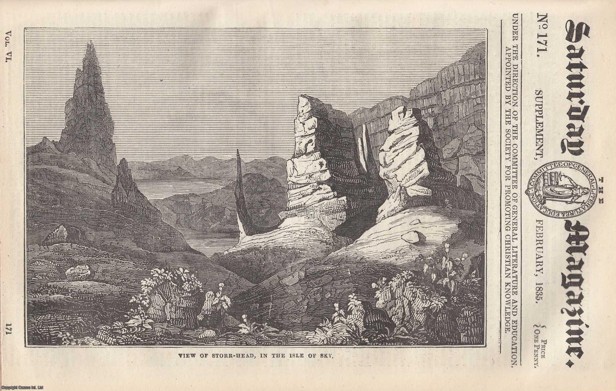 Saturday Magazine - Dunvegan & Superstitions ; Loch Bracadale ; Talisker ; View of Storr-Head in the Isle of Skye ; Skarpa ; Sconsor, Raasay. Issue No. 171, Supplement, February, 1835. A complete original weekly issue of the Saturday Magazine, 1835.