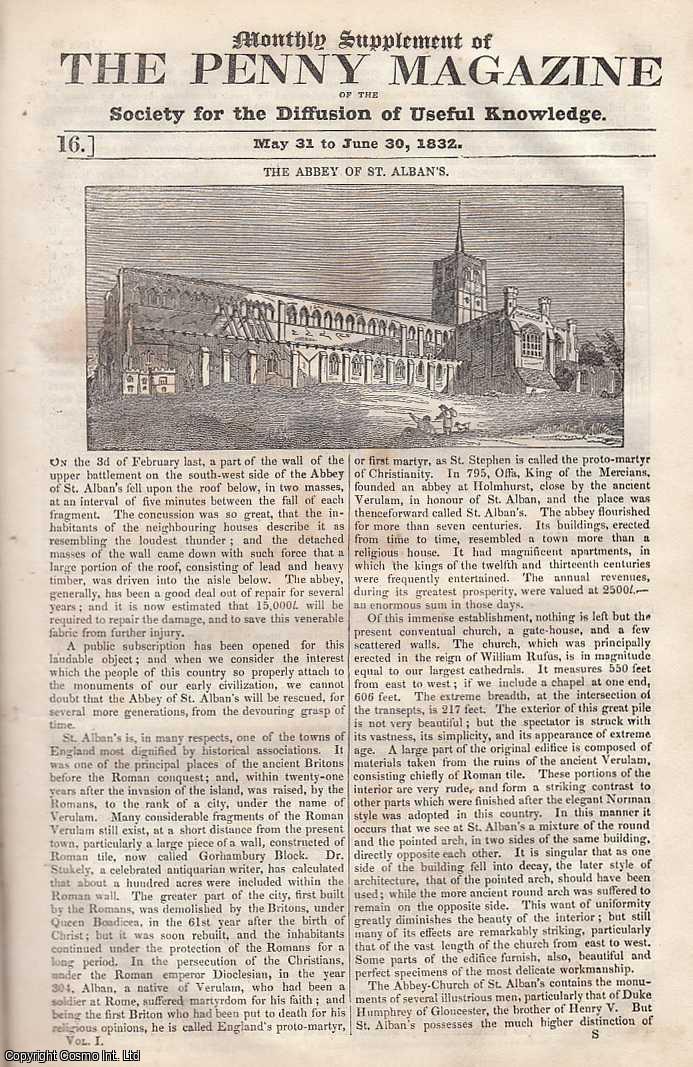 Penny Magazine - The Abbey of St. Alban's; Machinery and Manufacturers; Zoological Society; The United States; The Calabrias, Italy; India, etc. Issue No. 16. Monthly Supplement. May 31st to June 30th, 1832. A complete original weekly issue of the Penny Magazine, 1832.