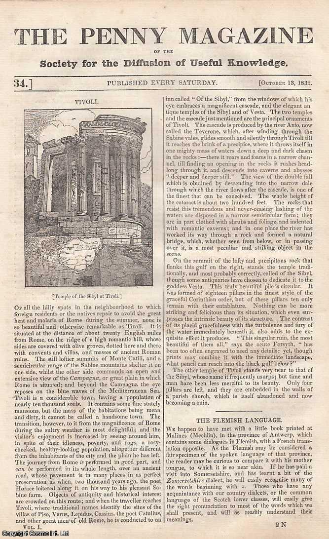 --- - Tivoli; The Flemish Language; The Diving Bell; Facination of Serpents; Natural magic; The Ornithorhynchus, etc. issue No. 34, October 13th, 1832. A complete rare weekly issue of the Penny Magazine, 1832.